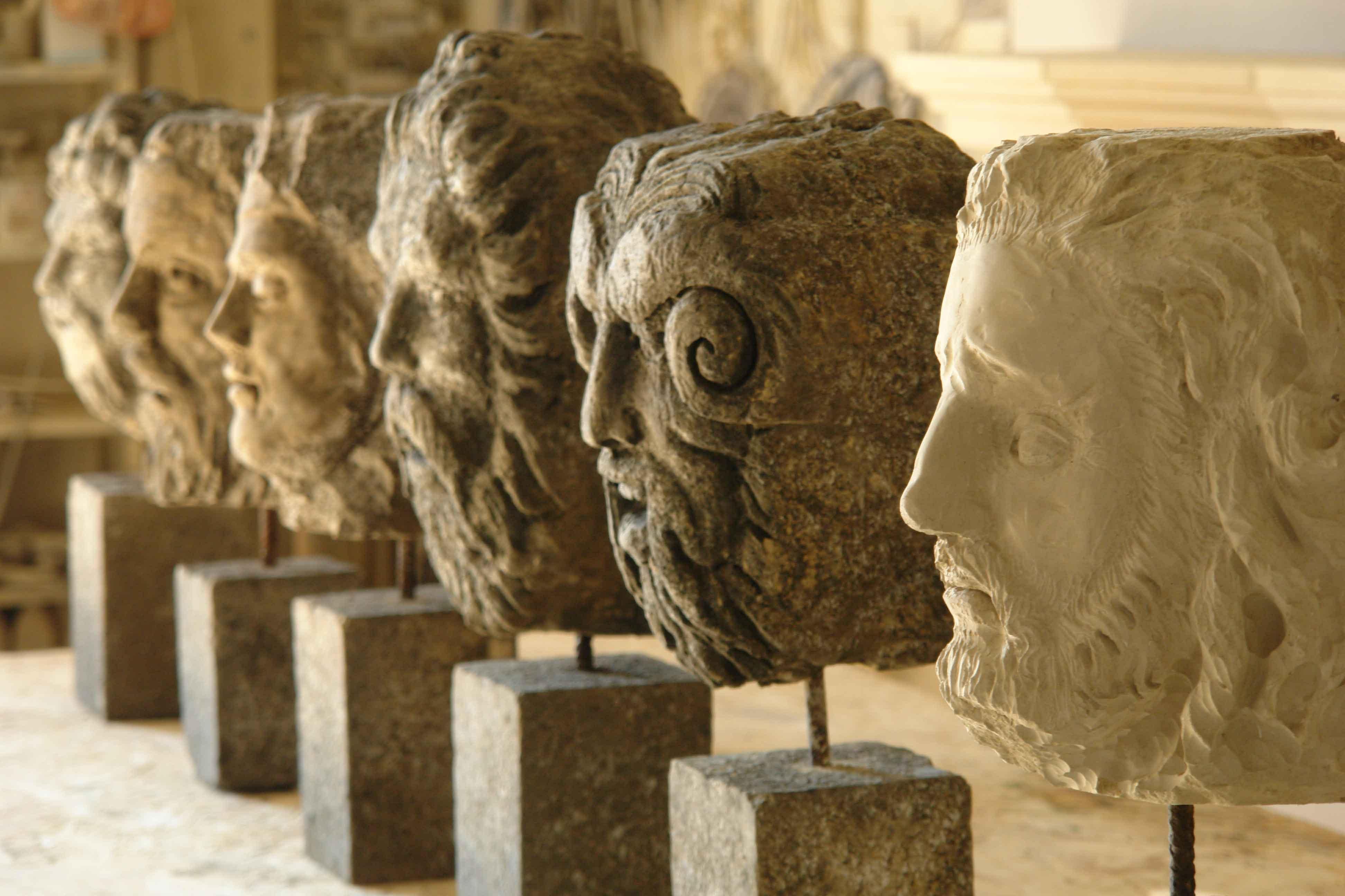 Exceptional collection of 6 Gods head statues hand-carved in limestone late 20th century from Italy. Art work. Rare and unique.
Each of them stands in a pedestal in a block limestone.
Excellent quality of art work.
More info on demand.
