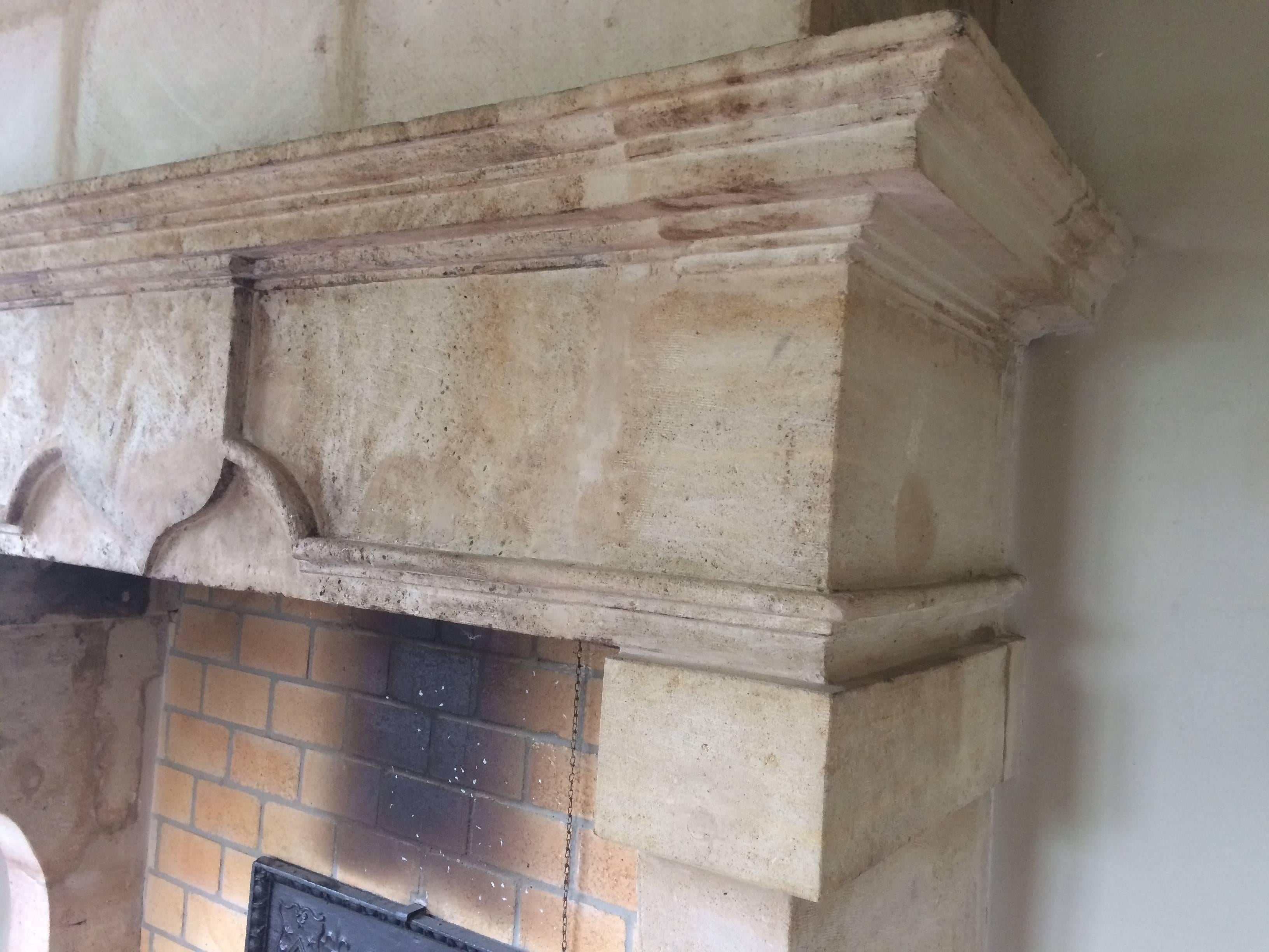 Hand-Carved French Louis XIII Style Fireplace in Limestone, 18th Century, Lorraine, France. For Sale
