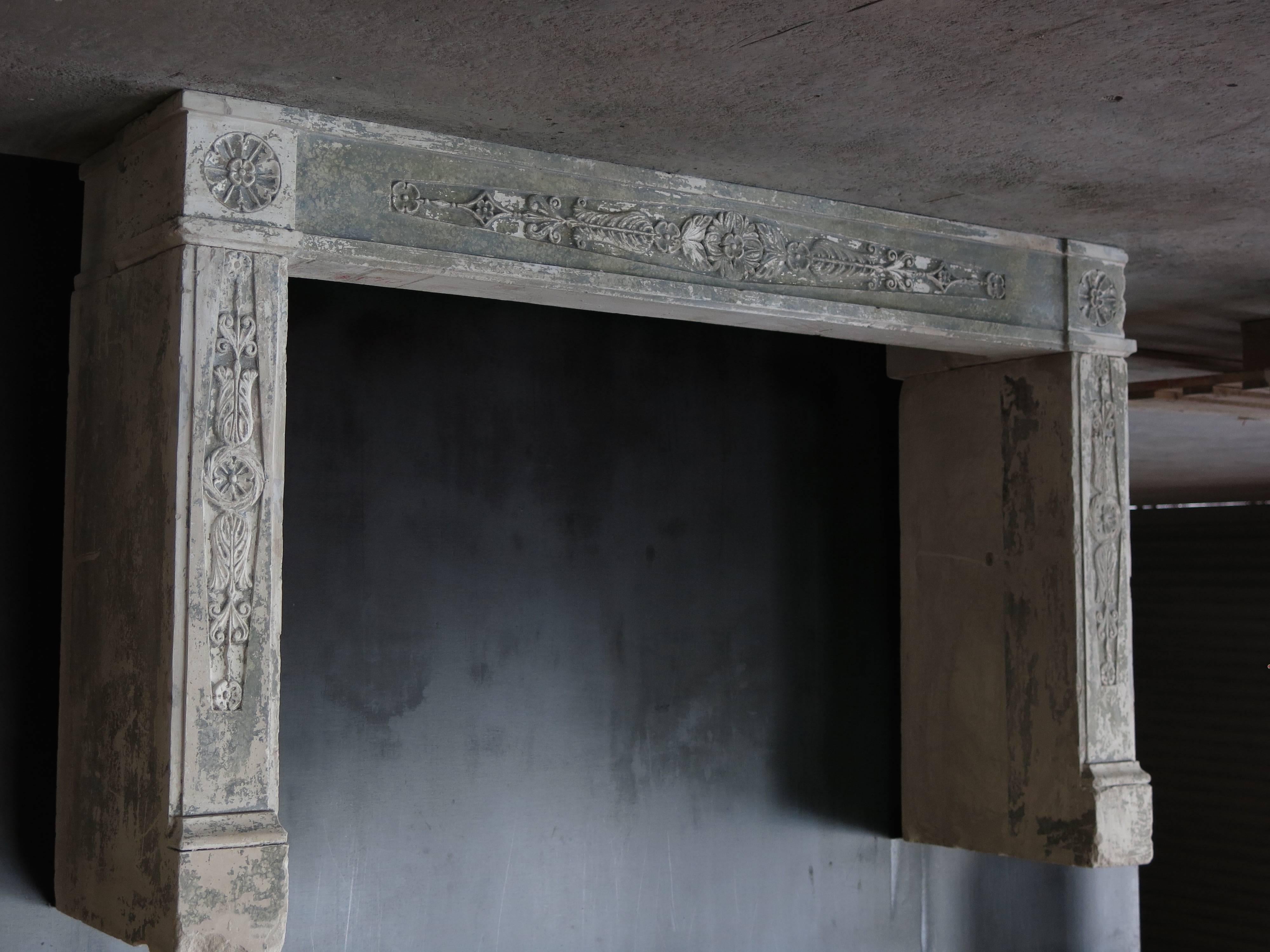 Original Normandy provenance, French antique Louis XVI period fireplace, hand carved in the 18th century, circa 1790s, France.
Excellent fine quality of sculptures on mantel and legs, with rosaces and flowers carving, fine art.
Rare and unique.