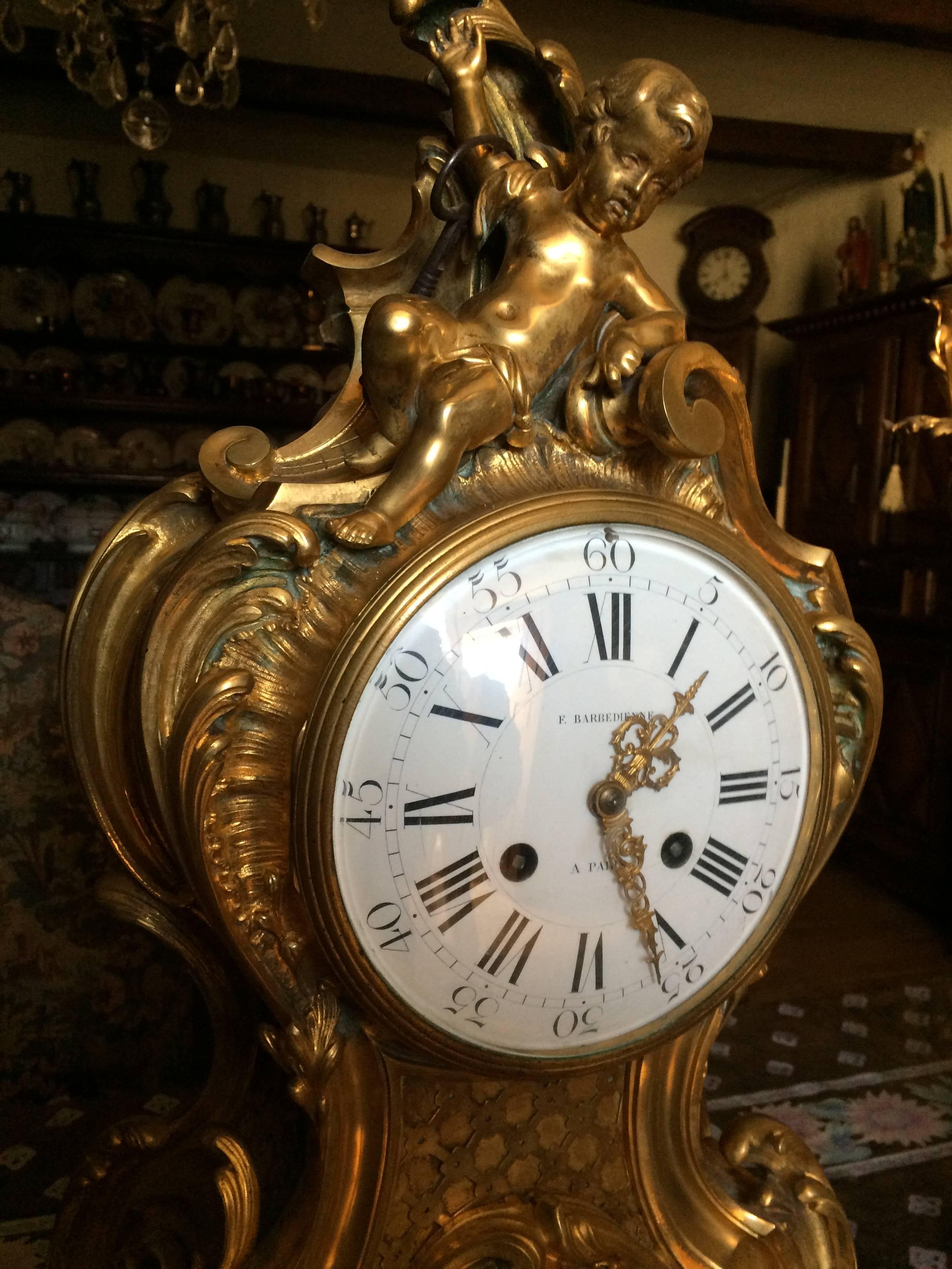 Hand-Crafted Rare Solid Gold Bronze Clock Candelabra Barbedienne Signed, Paris France For Sale