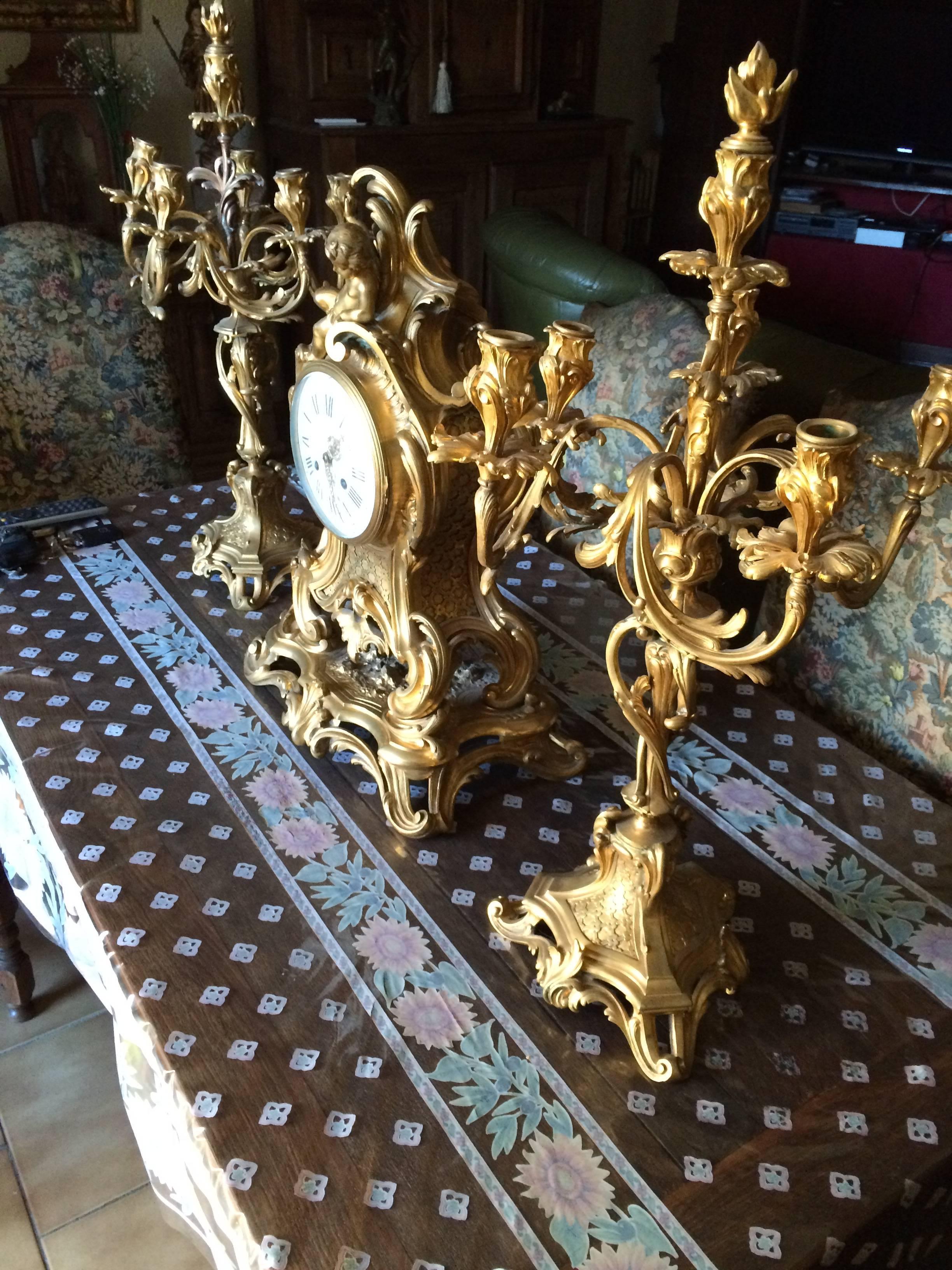 Rare Solid Gold Bronze Clock Candelabra Barbedienne Signed, Paris France In Good Condition For Sale In LOS ANGELES, CA