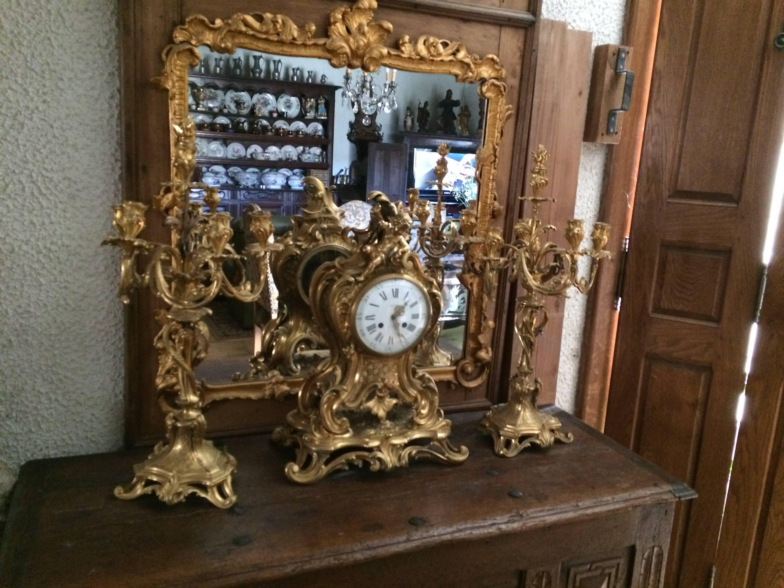 Louis XV Rare Solid Gold Bronze Clock Candelabra Barbedienne Signed, Paris France For Sale