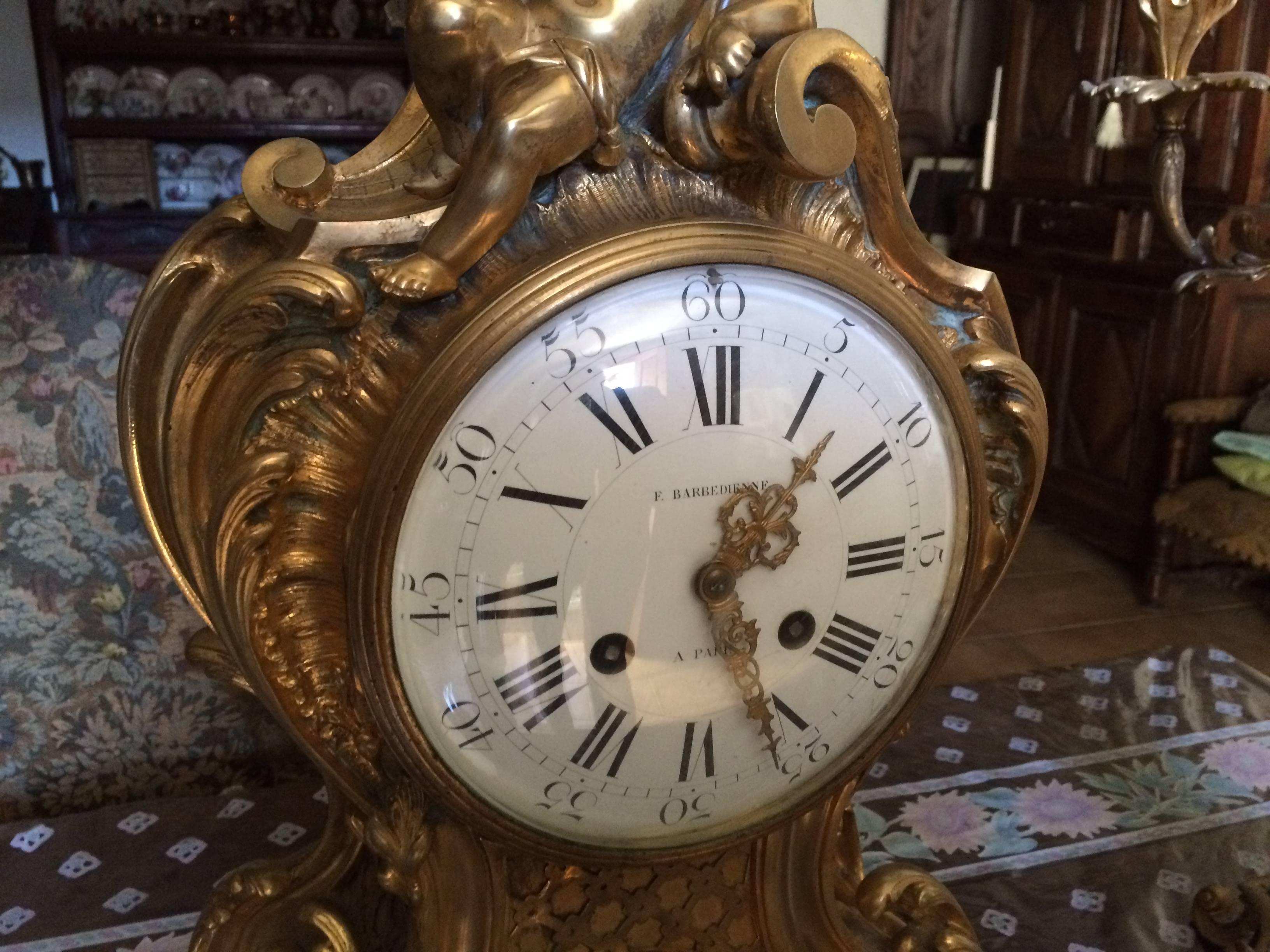 19th Century Rare Solid Gold Bronze Clock Candelabra Barbedienne Signed, Paris France For Sale