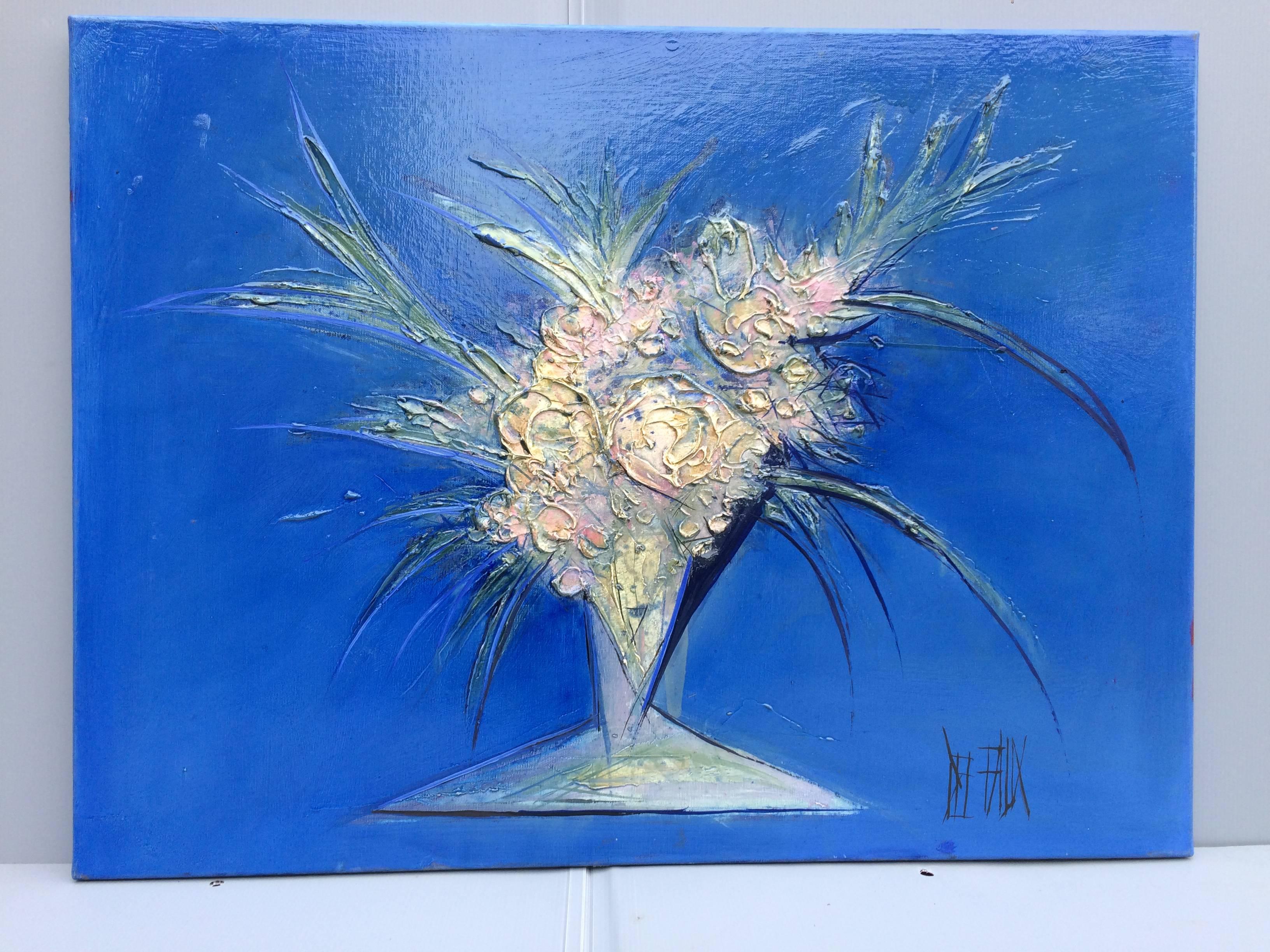 Modern Blue Handmade Painting Bouquet De Fleurs, 2007, Signed from France For Sale 4