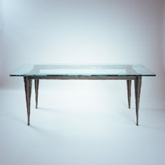 Brutalist Art etched glass primitive hunting scenes steel dining table, 1970s