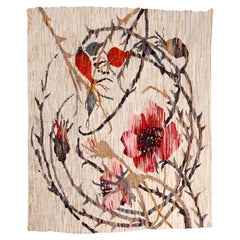 Kunstvoll gewebter Wandbehang „Roza“ mit Rosenmotiv, Naturfasern, Polen, 1980er Jahre