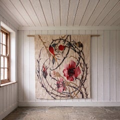 Kunstvoll gewebter Wandbehang „Roza“ mit Rosenmotiv, Naturfasern, Polen, 1980er Jahre