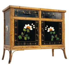 1920s Rattan bamboo Chinoiserie Hand Painted Cabinet Mini Sideboard