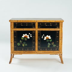 1920s Rattan bamboo Chinoiserie Hand Painted Cabinet Mini Sideboard