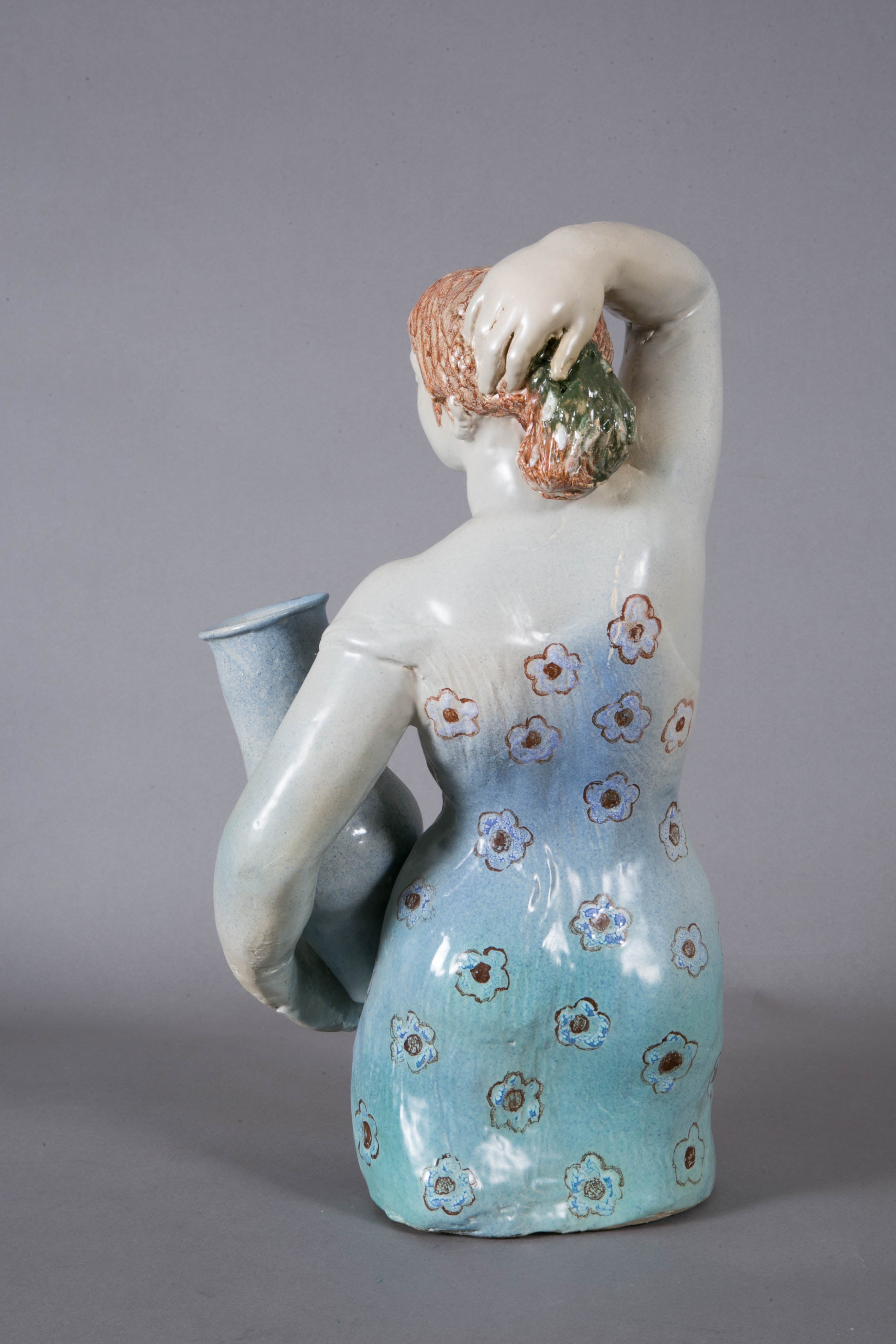 Enameled Blue enameled ceramic woman, 1960's, by Odette LEPELTIER.