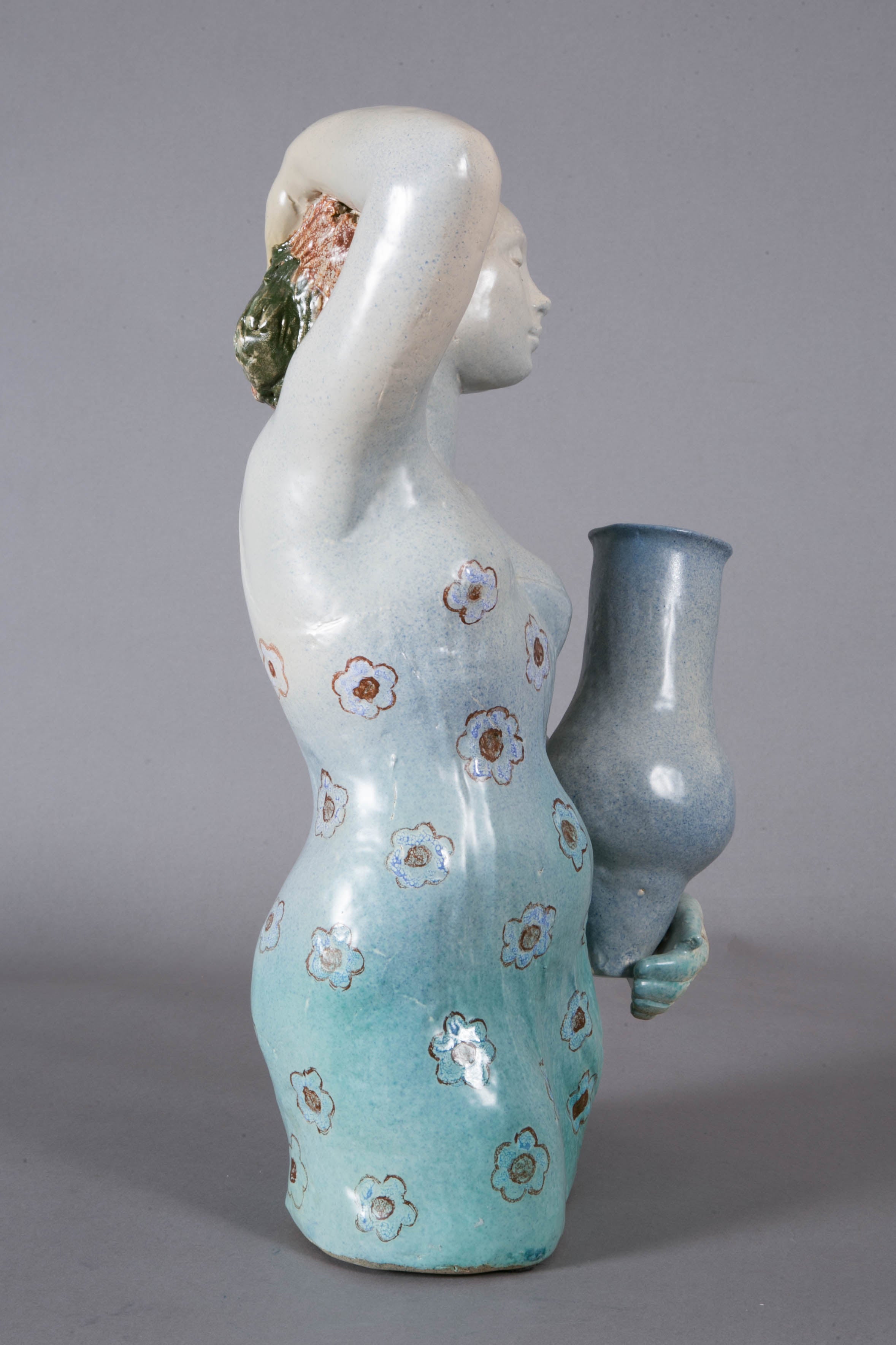 Blue enameled ceramic woman, 1960's, by Odette LEPELTIER. In Good Condition In Paris, FR
