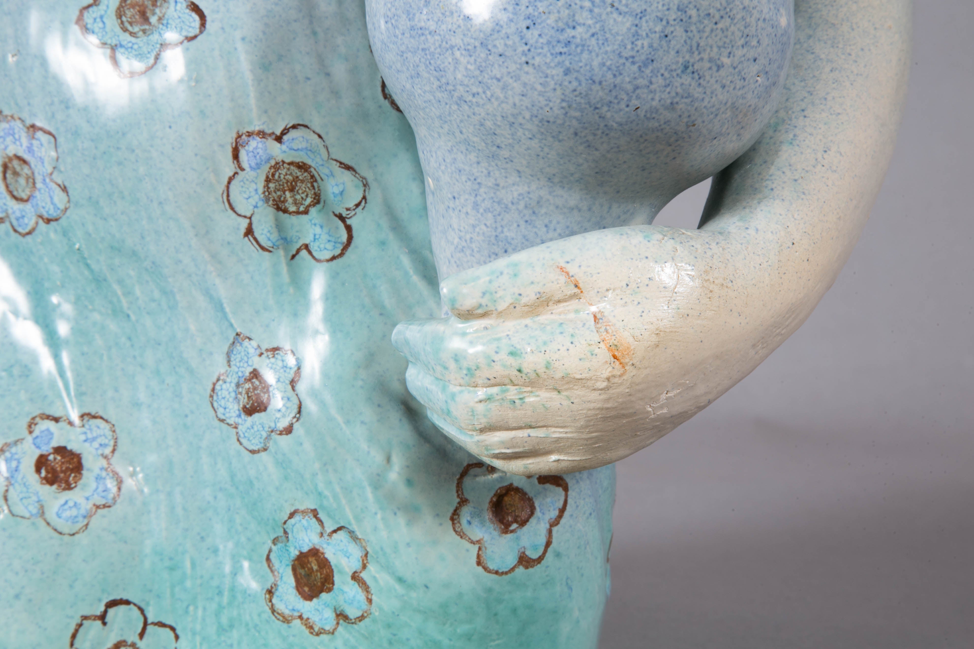 Ceramic Blue enameled ceramic woman, 1960's, by Odette LEPELTIER.