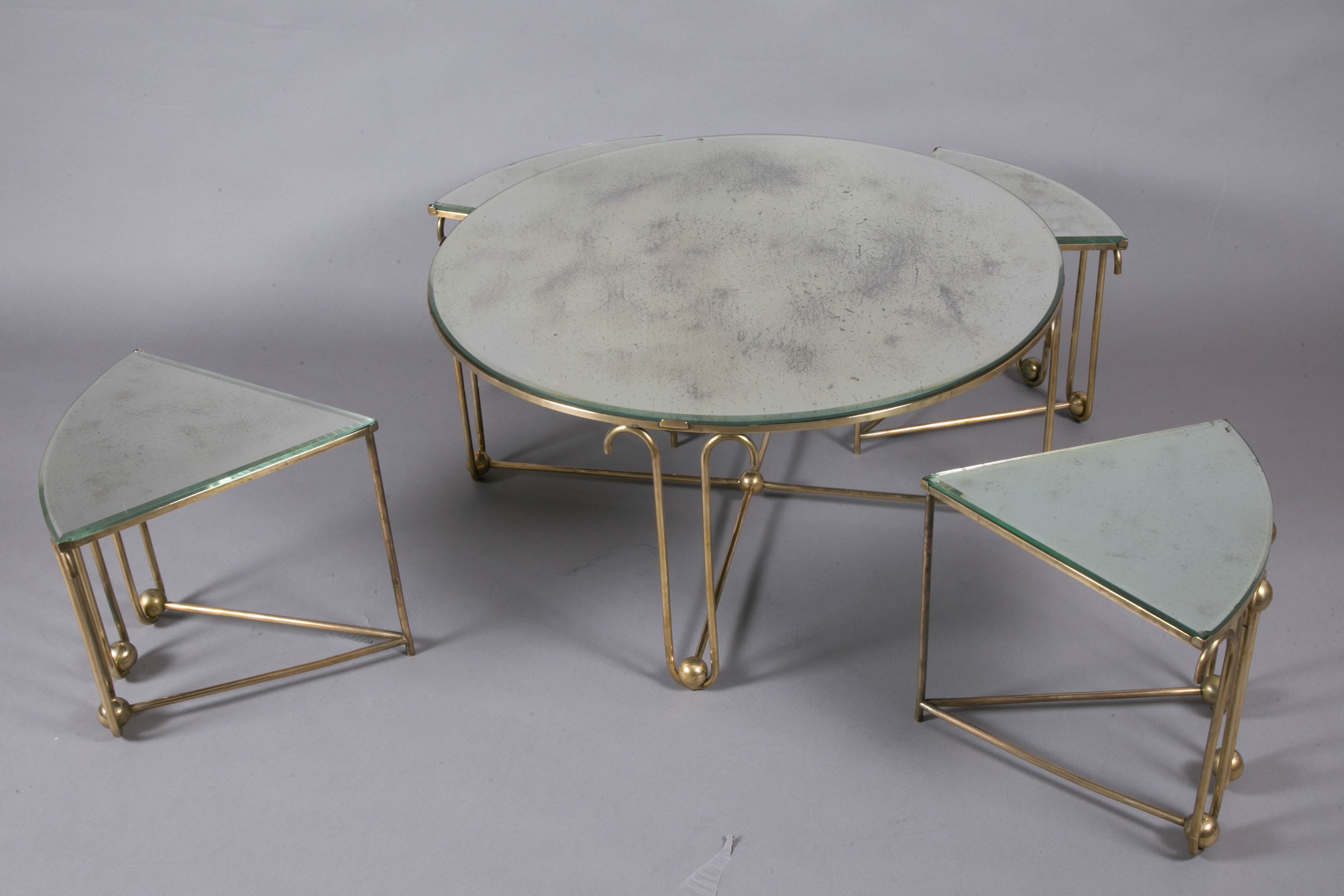 French Brass Coffee Table with Nesting Tables by Jean Royère, 1950s