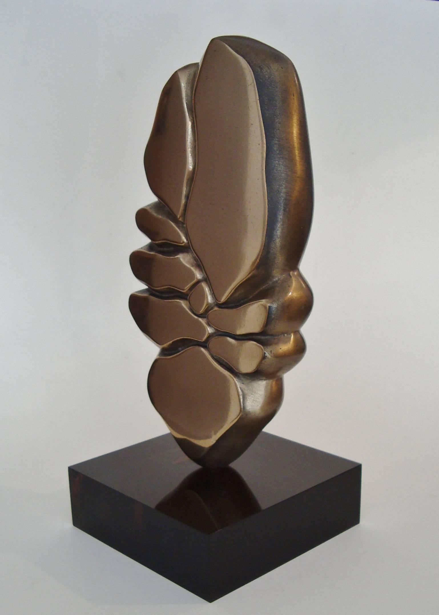 Gilt polished bronze sculpture by Minoru Kano (Tokyo 1930-2007).
A polished and a mate face. On a brown plexiglas base. 
Signed, numbered 2/25.
Bronze height 32 x 15 x d 6 cm.
Base 5 x 16 cm.

The sculptor was born in japan but he early came