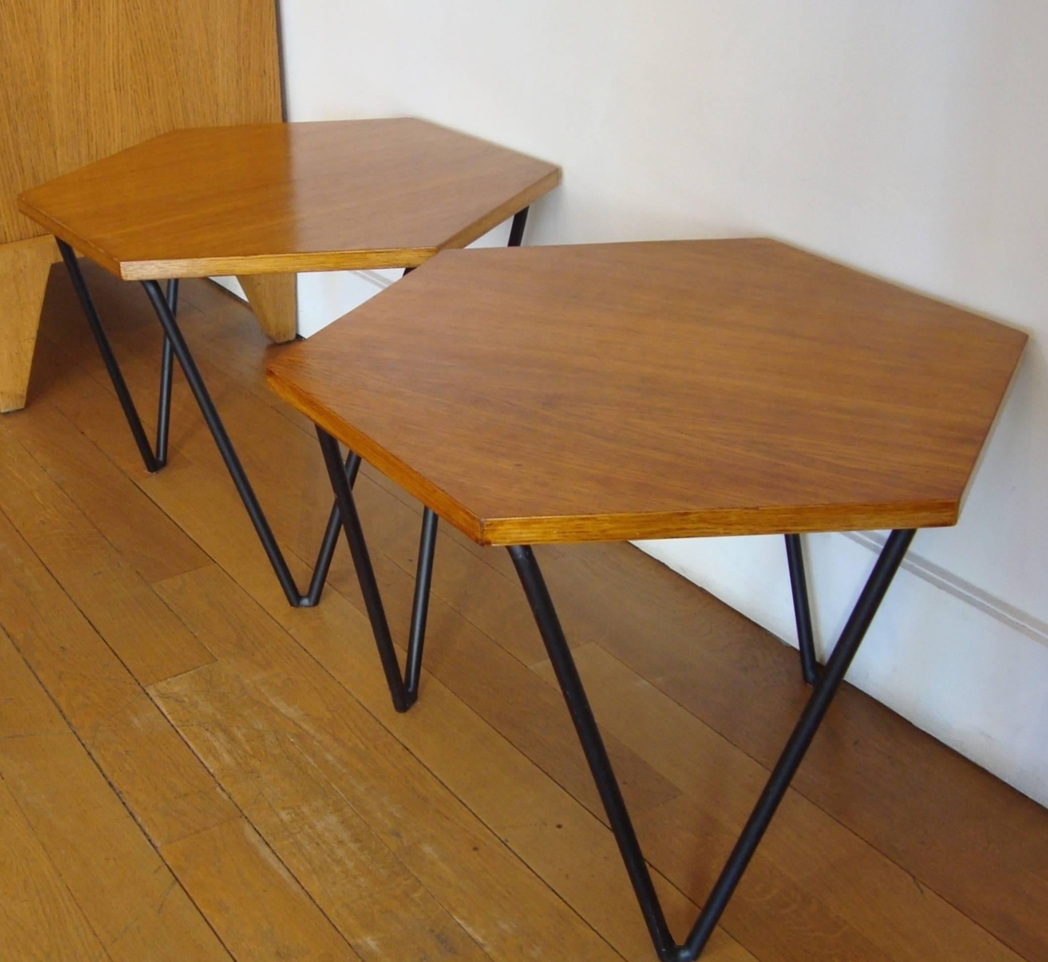 Mid-Century Modern Pair of Oak Hexagonal Side Tables by Gio Ponti, ISA, 1950s