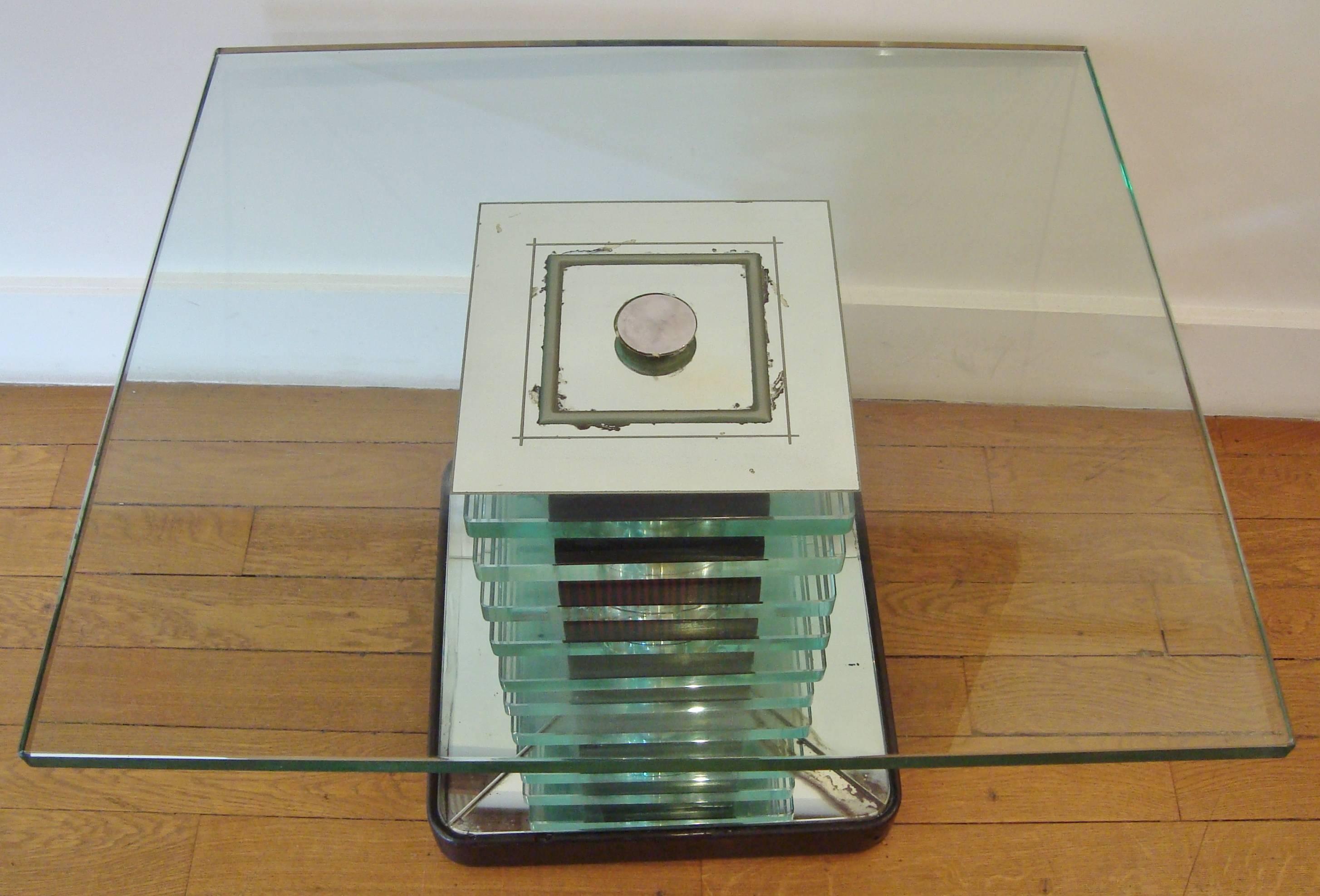 Italian Modernist Glass, Mirror and Wood table, Fontana Arte, Italy, 1940 For Sale