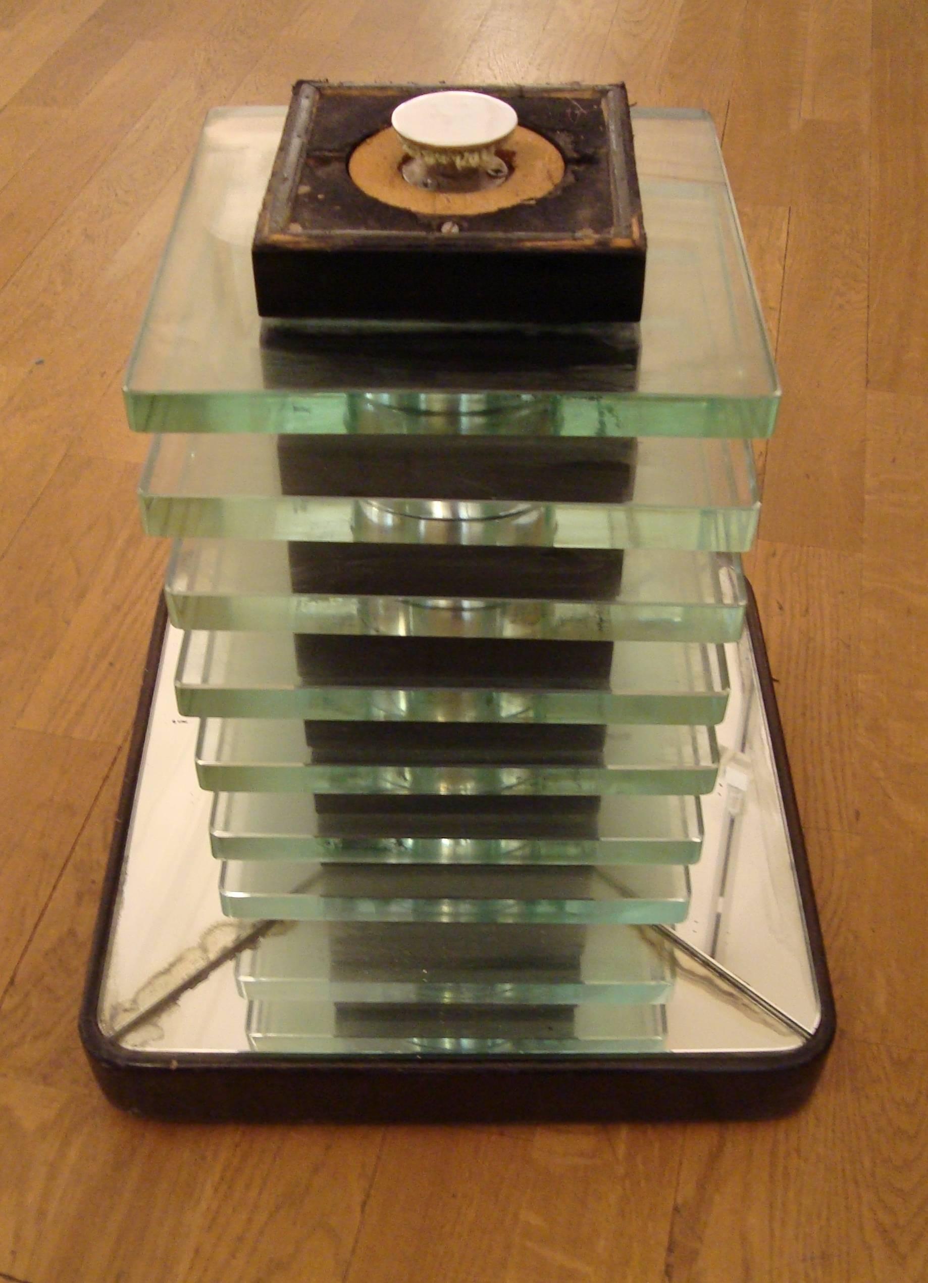 Steel Modernist Glass, Mirror and Wood table, Fontana Arte, Italy, 1940 For Sale