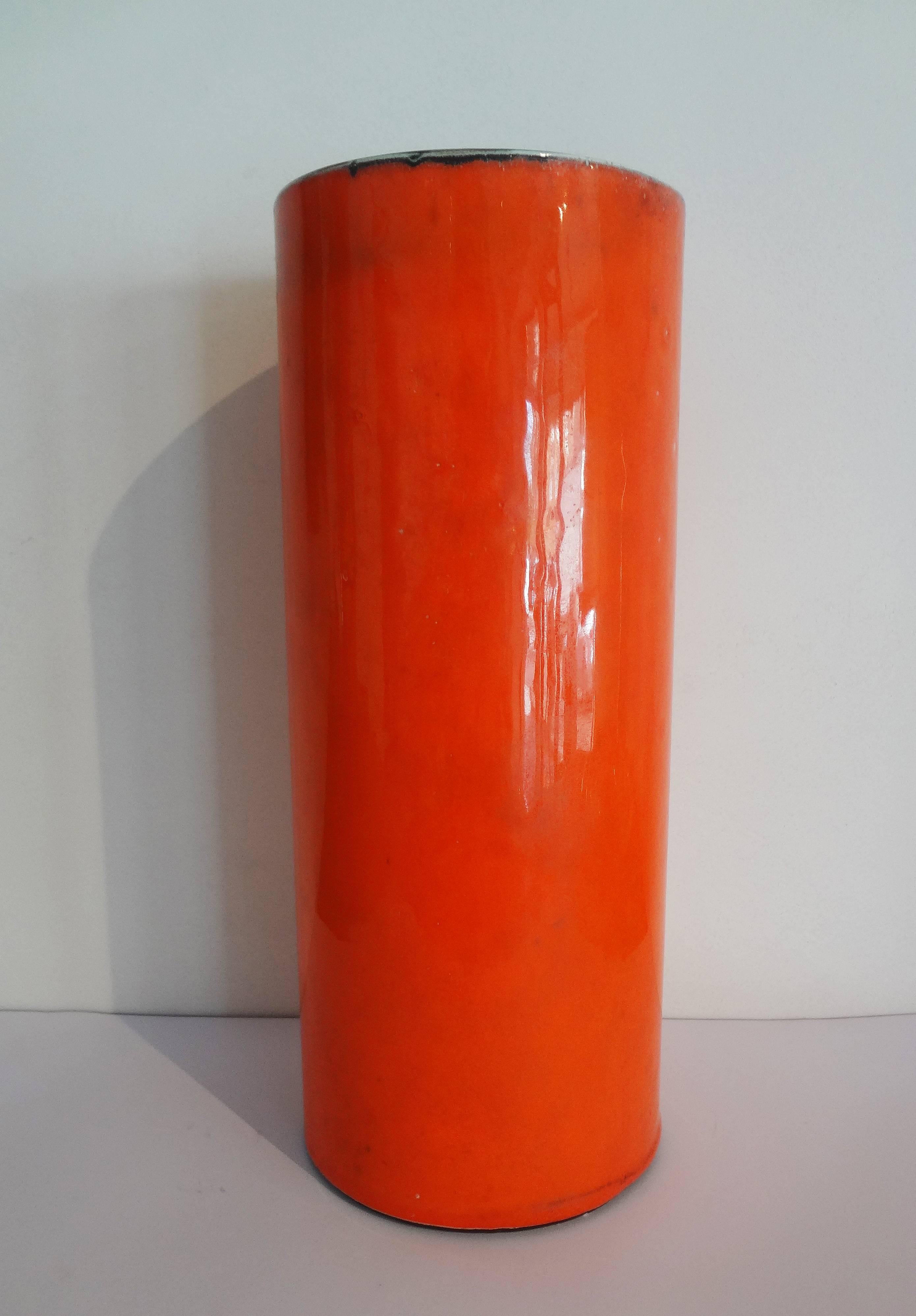 Enameled High Orange Cylinder Vase by Georges Jouve, circa 1956
