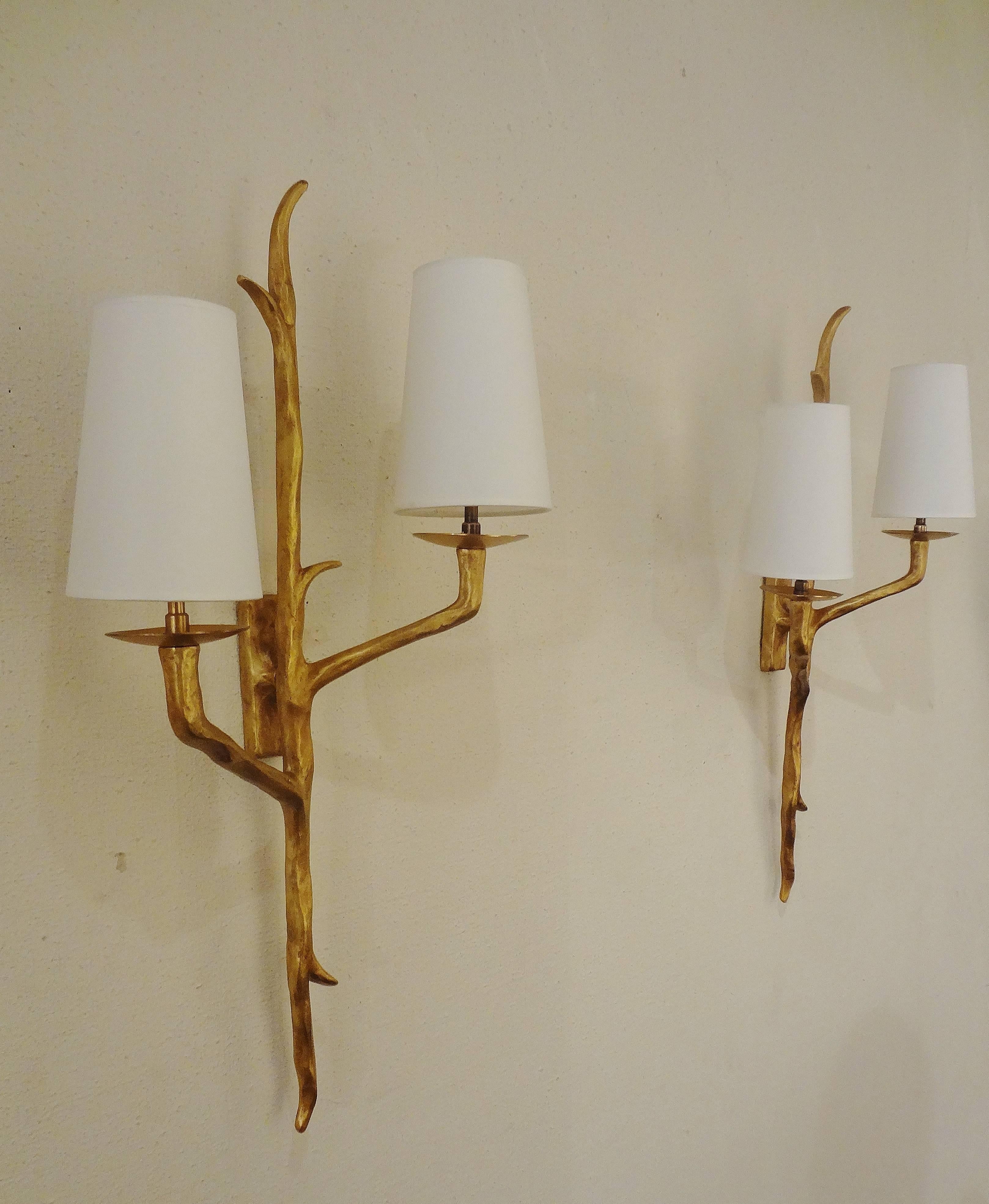 Gilt Set of three Wall Sconces by Maison Arlus, 1950s For Sale