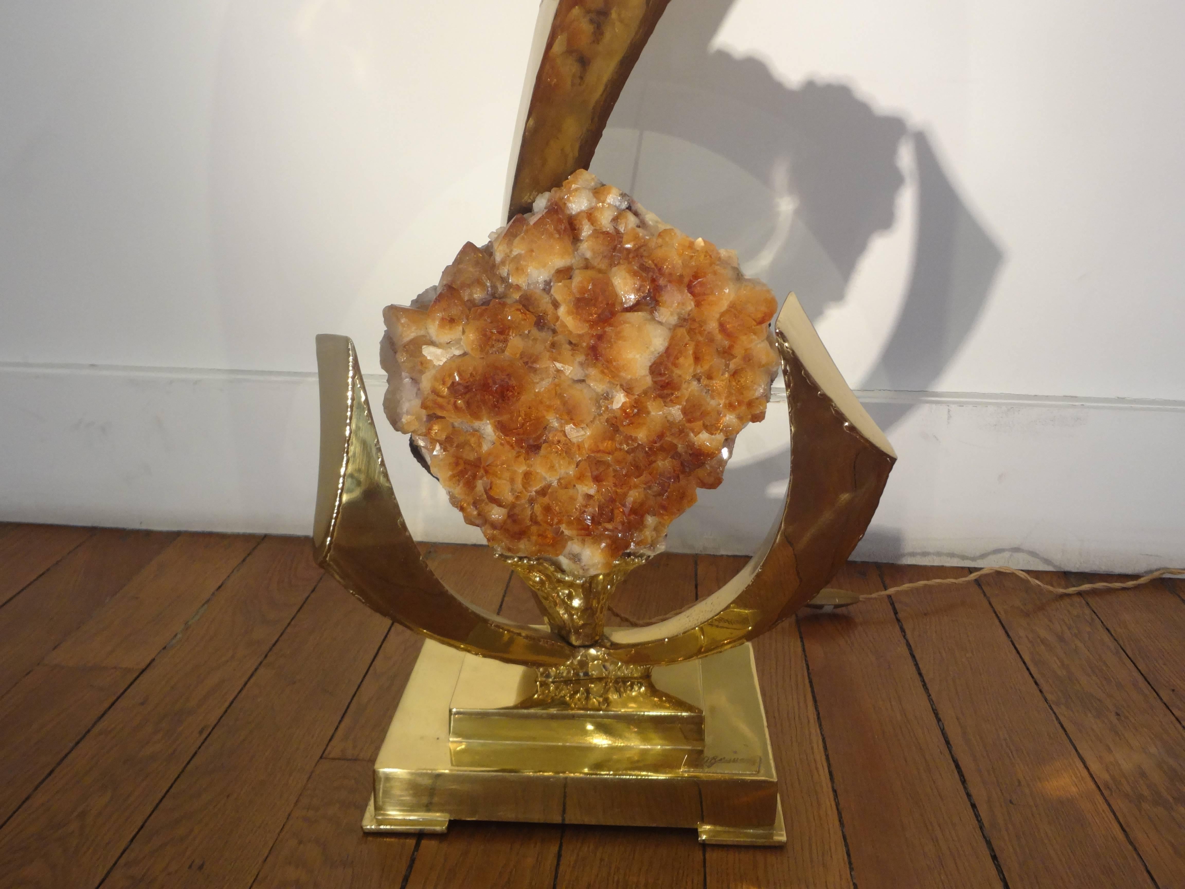 Aesthetic Movement Sculpted Table Lamp with a Rock Crystal Geode, 1970s by J. Duval-Brasseur For Sale