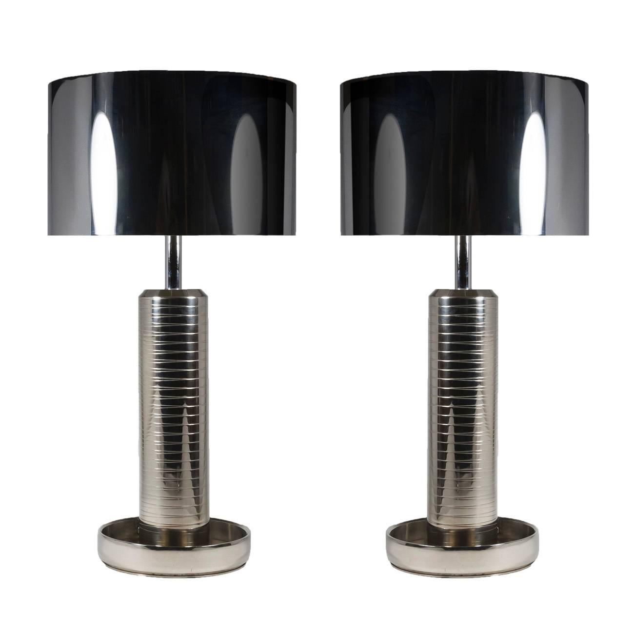 Mid-Century Ribbed Chrome Lamps with Metal Shades For Sale