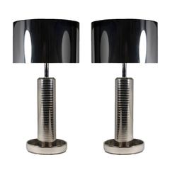 Mid-Century Ribbed Chrome Lamps with Metal Shades