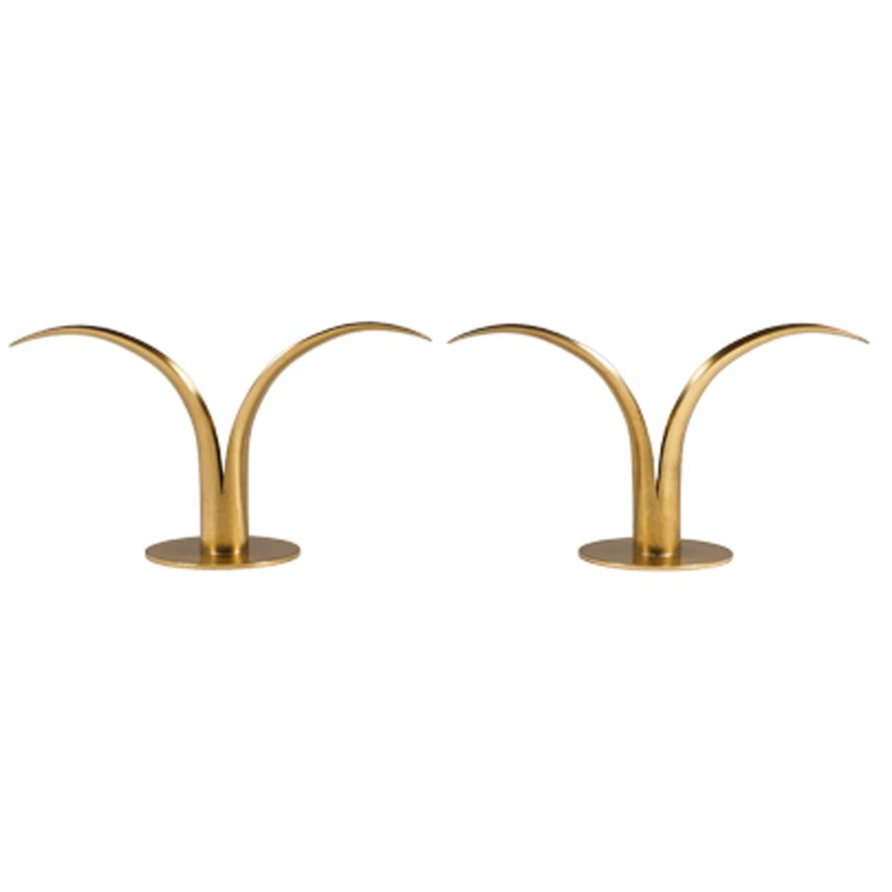 Pair of Mid-Century Brass Candleholders For Sale