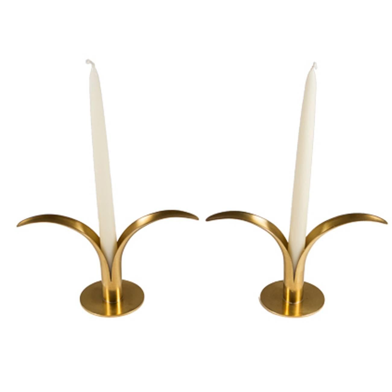 Scandinavian Modern Pair of Mid-Century Brass Candleholders For Sale