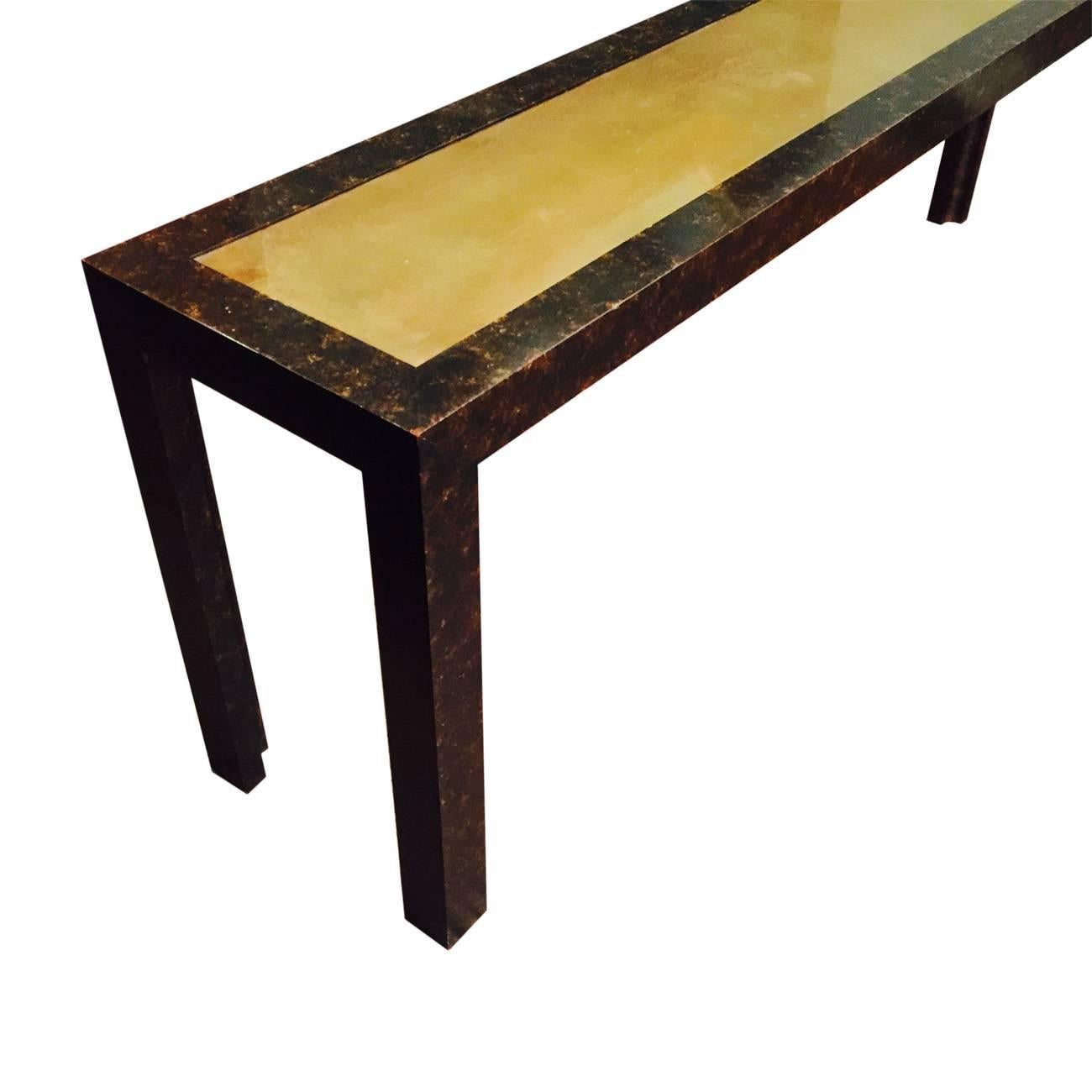 Mid-Century Modern Widdicomb Antiqued Brass and Faux Tortoise Wood Console For Sale