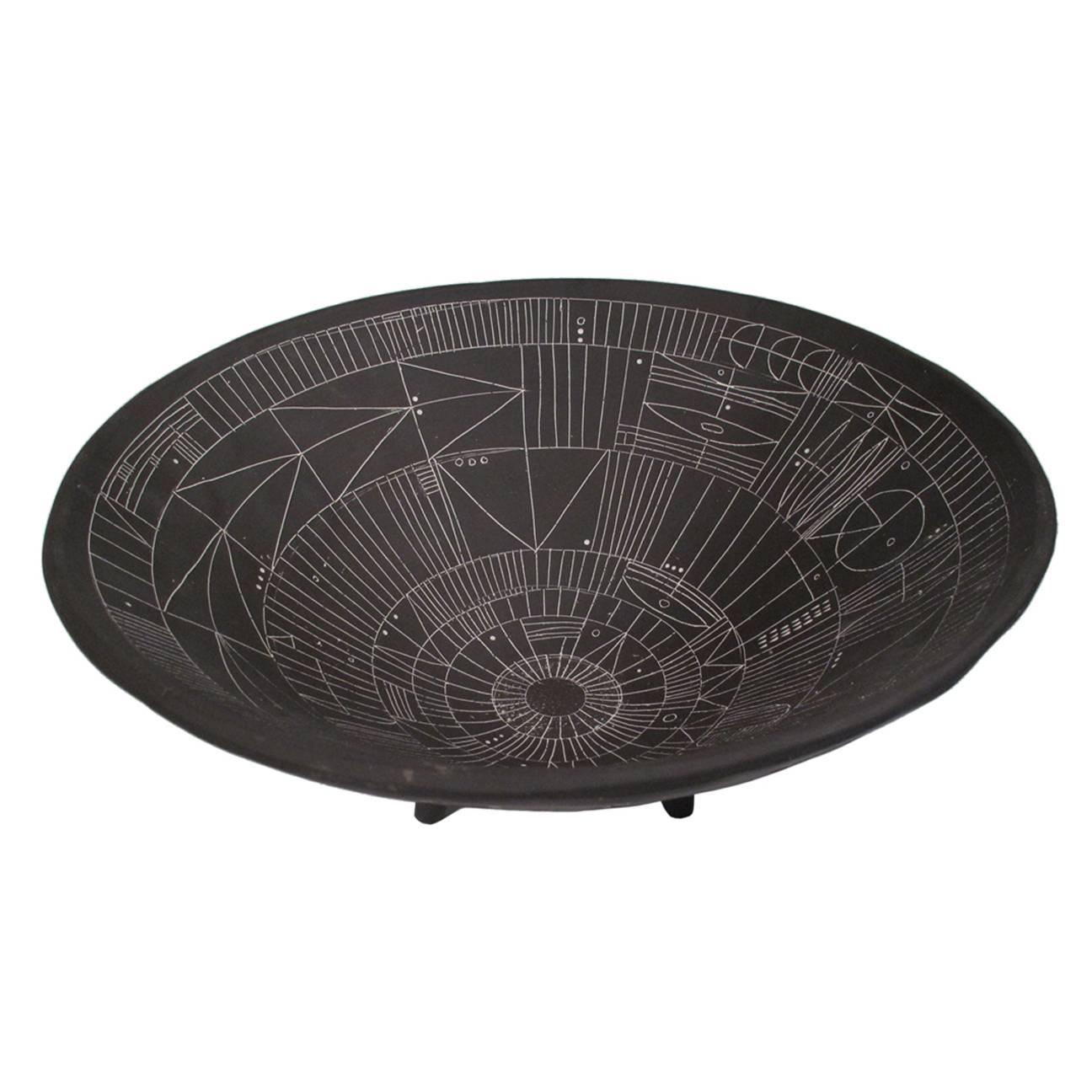 Modern Large Incised Black Ceramic Footed Bowl For Sale