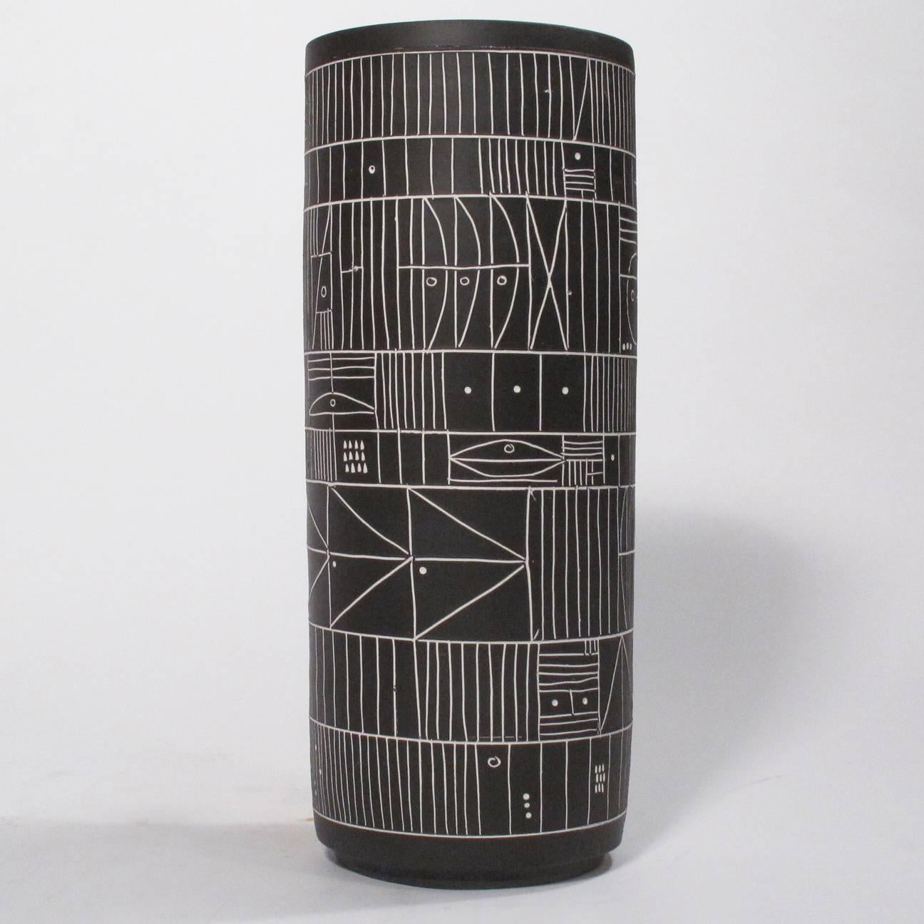 Modern Trio of Incised Black Ceramic Cylinder Vases by Heather Rosenman For Sale