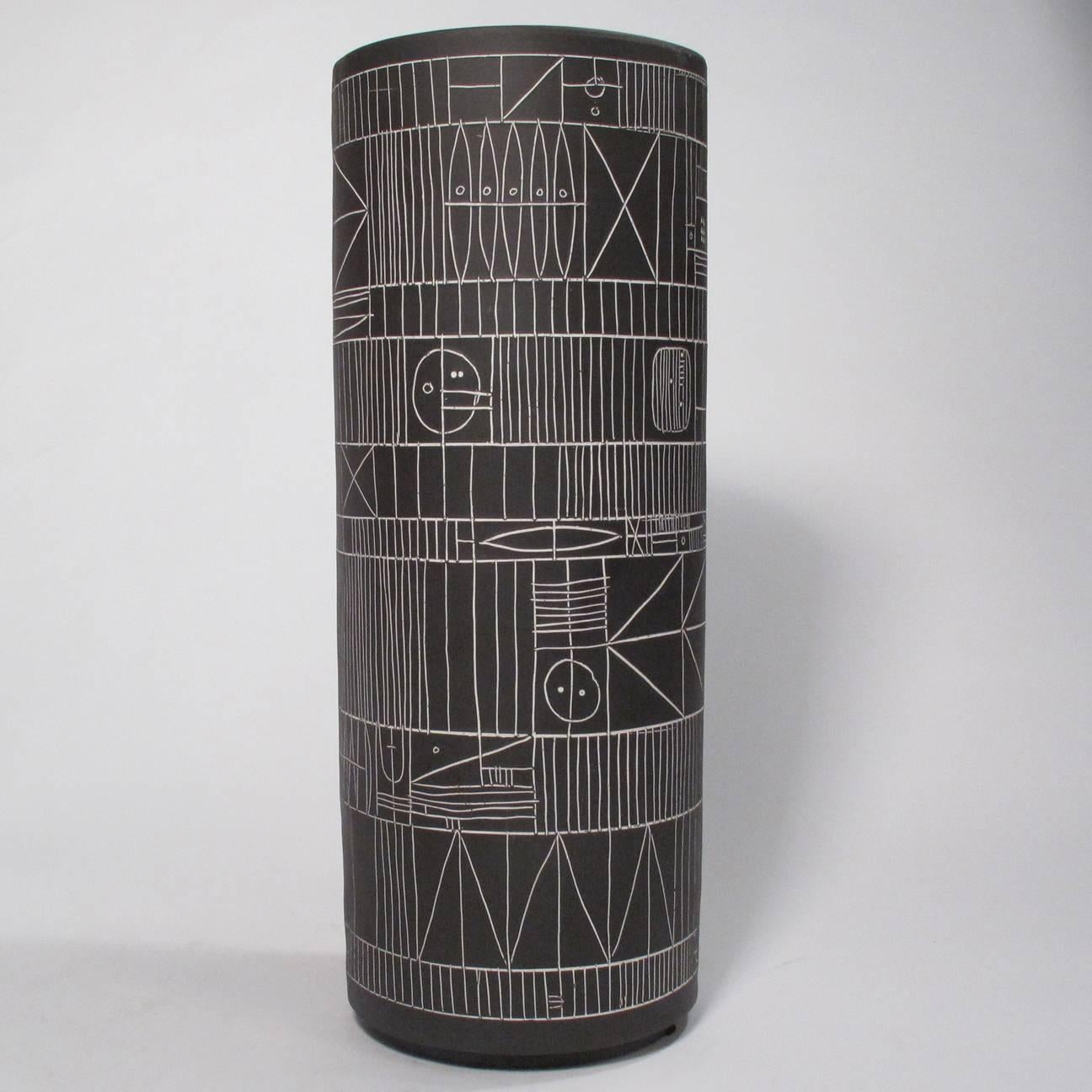 American Trio of Incised Black Ceramic Cylinder Vases by Heather Rosenman For Sale