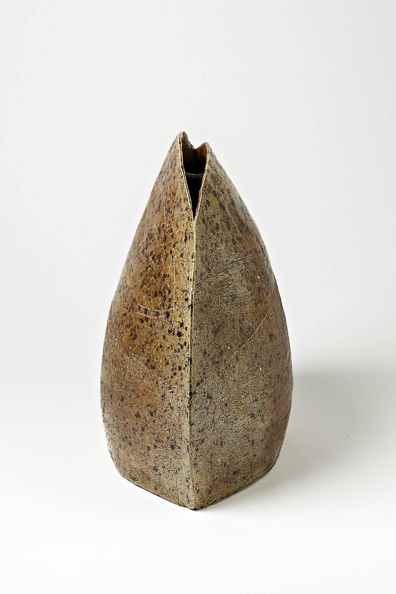 European 20th mid-century brown ceramic vase by Gustave Tiffoche French Ceramic 1970