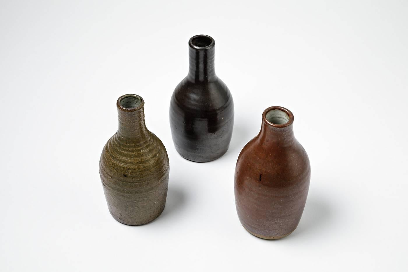 Beautiful Set of Three Bottles or Vases by Norbert Pierlot French Ceramic, 1950 1