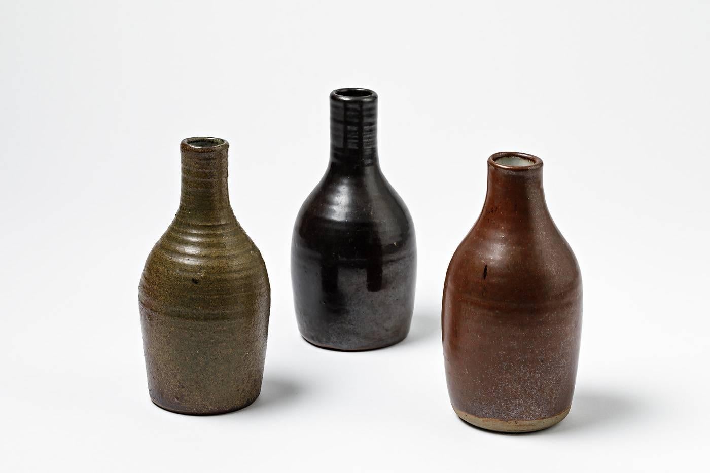 Mid-20th Century Beautiful Set of Three Bottles or Vases by Norbert Pierlot French Ceramic, 1950