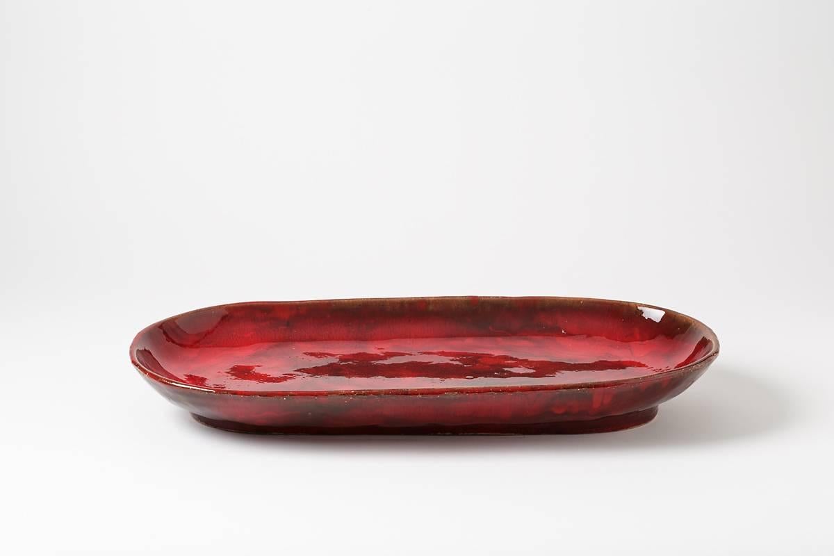 Beaux Arts Important Dish by Jean & Robert Cloutier with Red Glaze Decoration, 1950