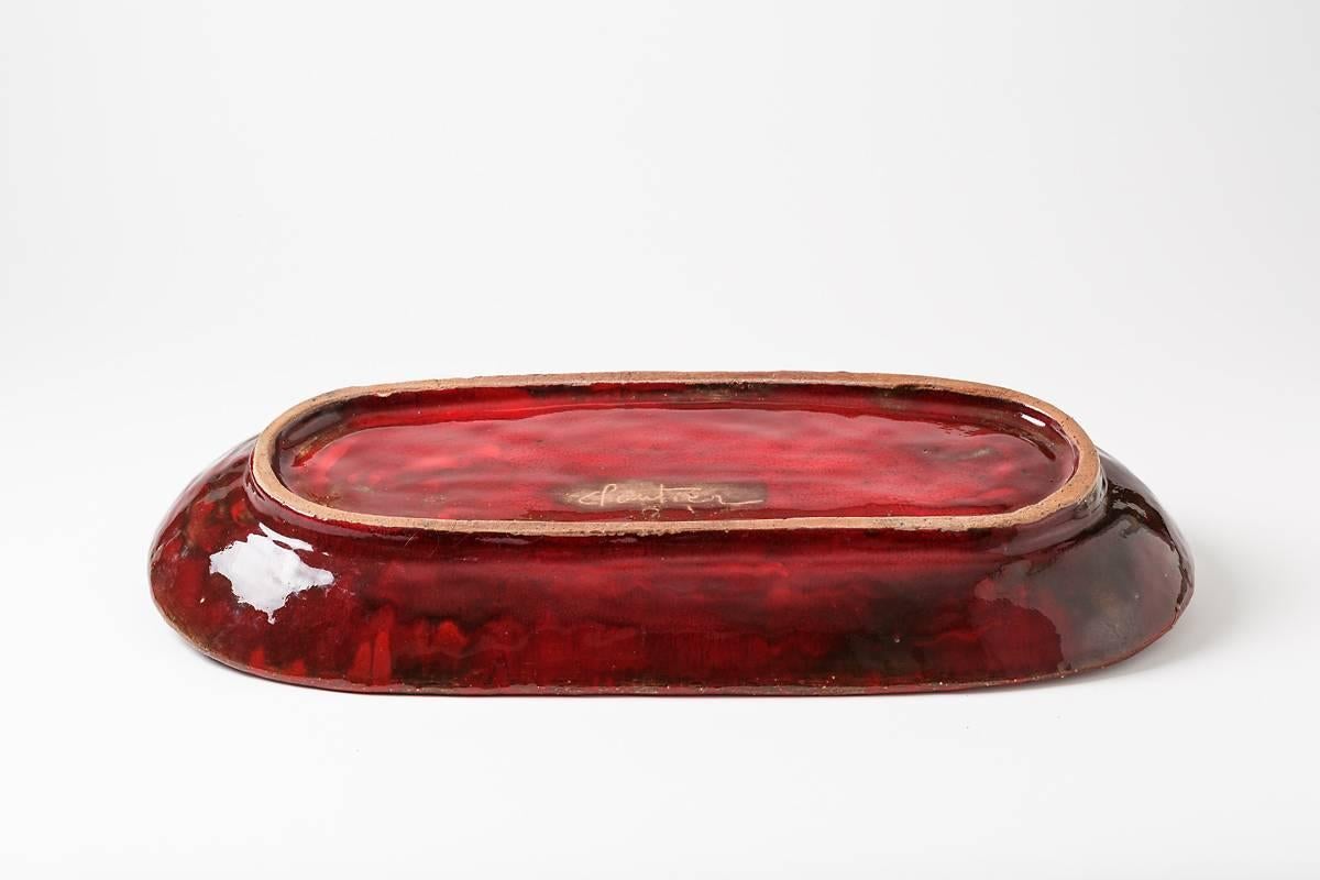 French Important Dish by Jean & Robert Cloutier with Red Glaze Decoration, 1950