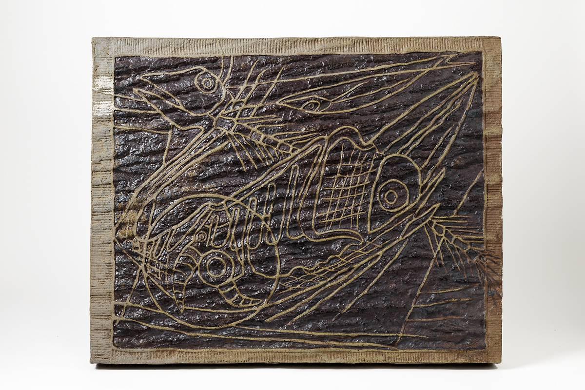 A stoneware panel by Alain Gaudebert with zoomorphic decoration.
Perfect original conditions.
Signed 