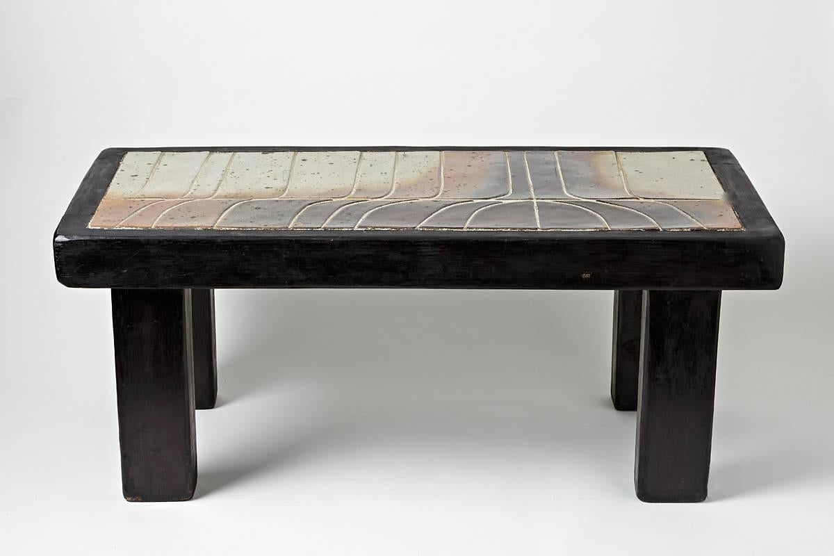 Beaux Arts Rare Coffee Table with a Ceramic Top Attributed to Pierre Mestre, La Borne, 1970