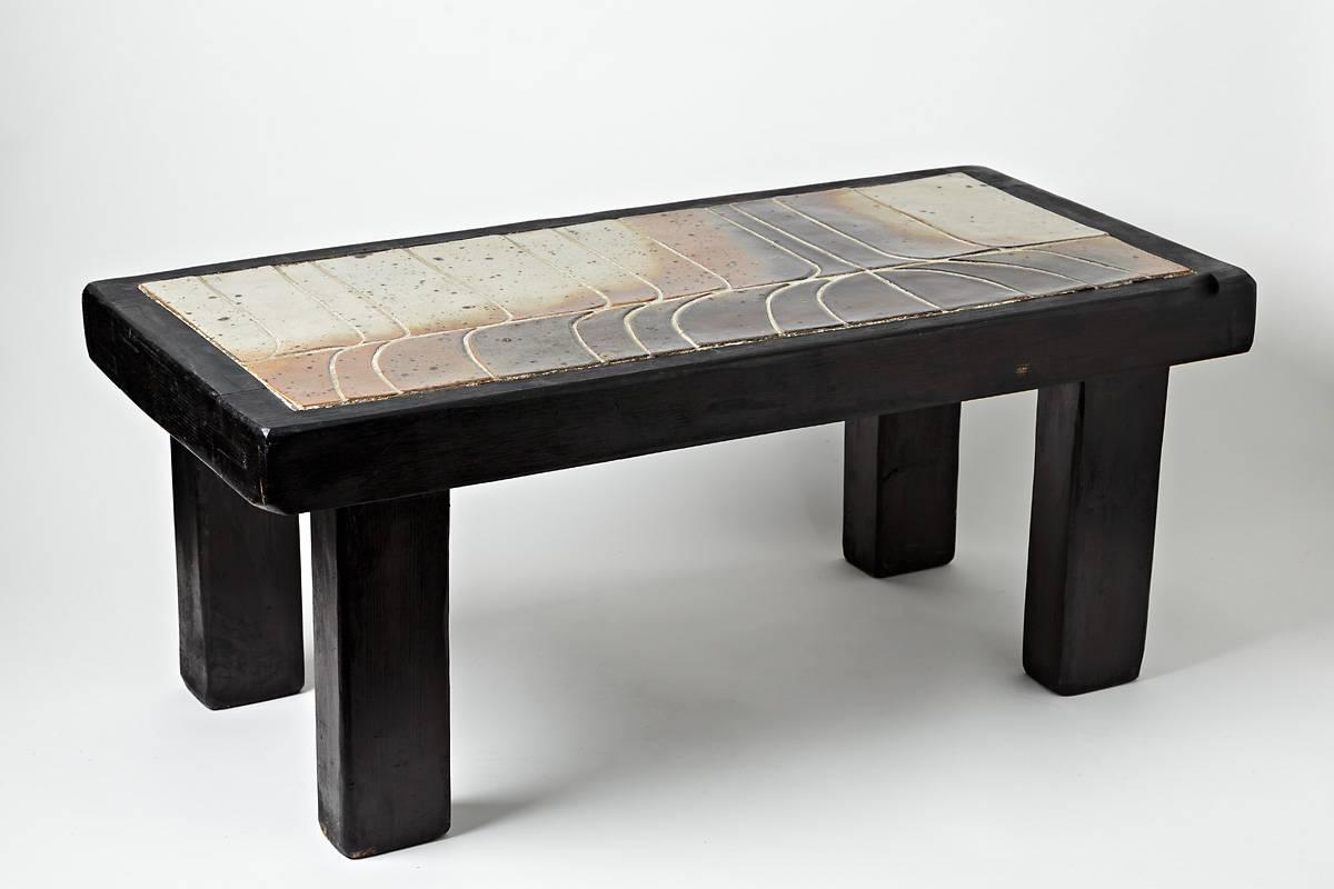 French Rare Coffee Table with a Ceramic Top Attributed to Pierre Mestre, La Borne, 1970