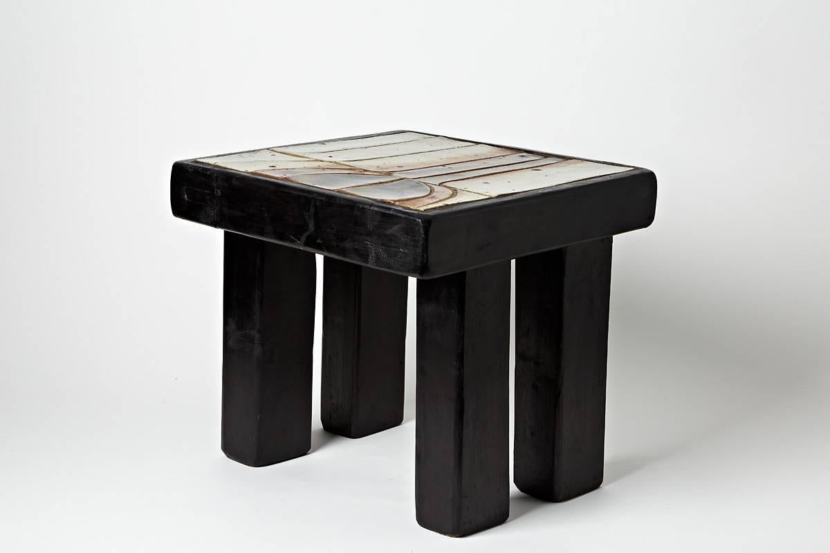 French Rare Sofa Table with a Ceramic Top Attributed to Pierre Mestre, La Borne, 1970