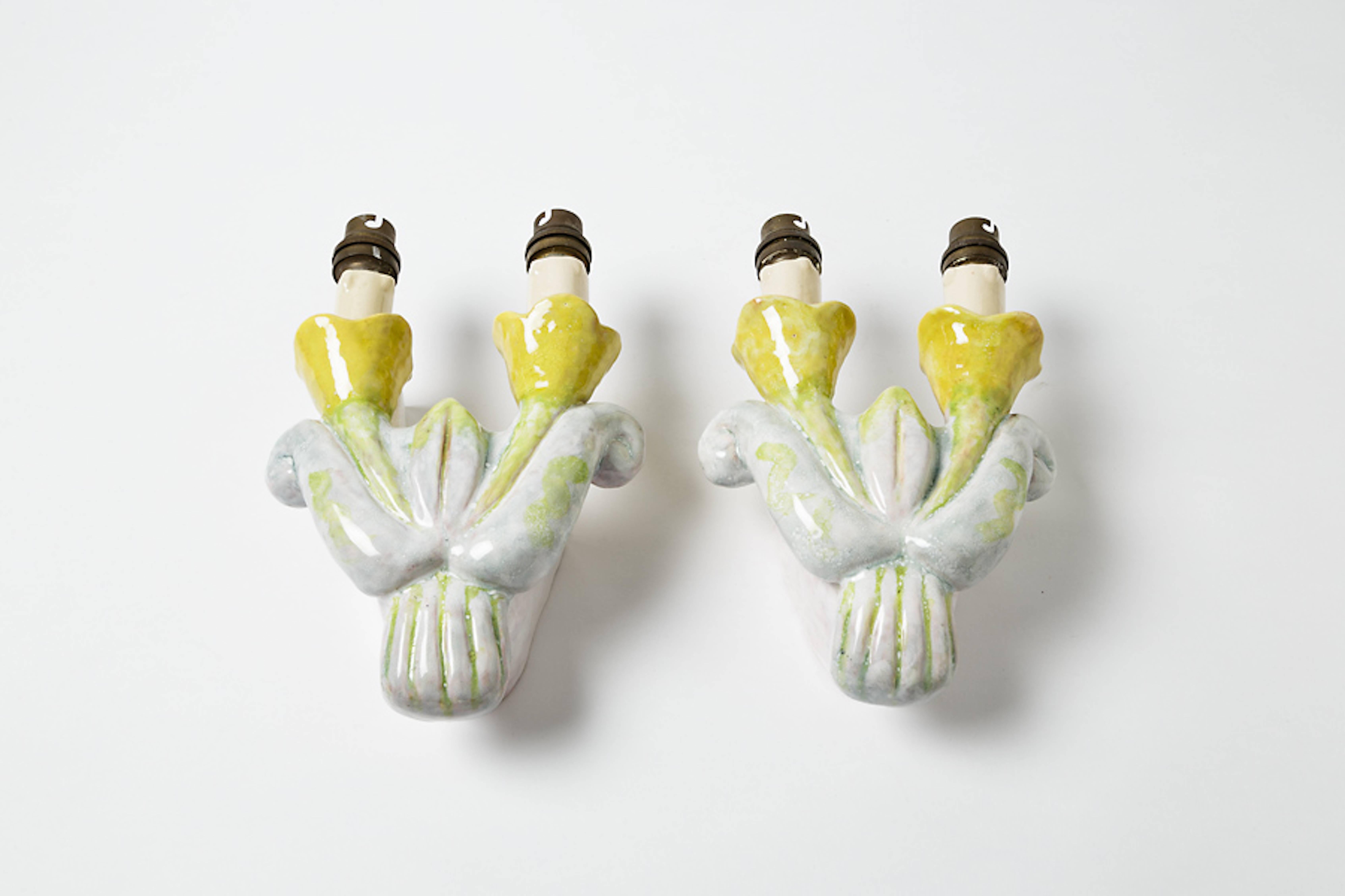 French Ceramic Pair of Wall Lamps Attributed to Alice Colonieux, circa 1950, France