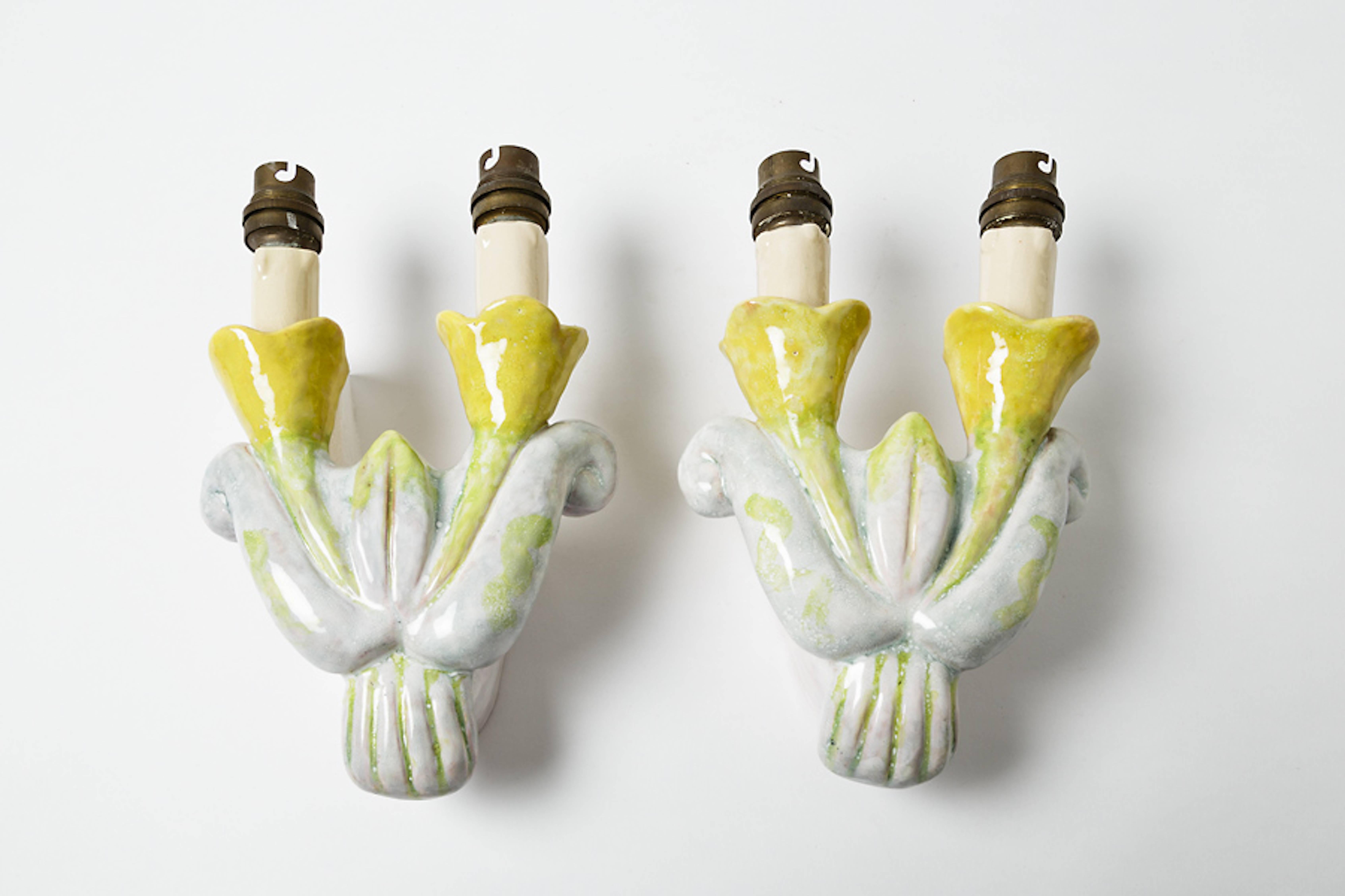 20th Century Ceramic Pair of Wall Lamps Attributed to Alice Colonieux, circa 1950, France