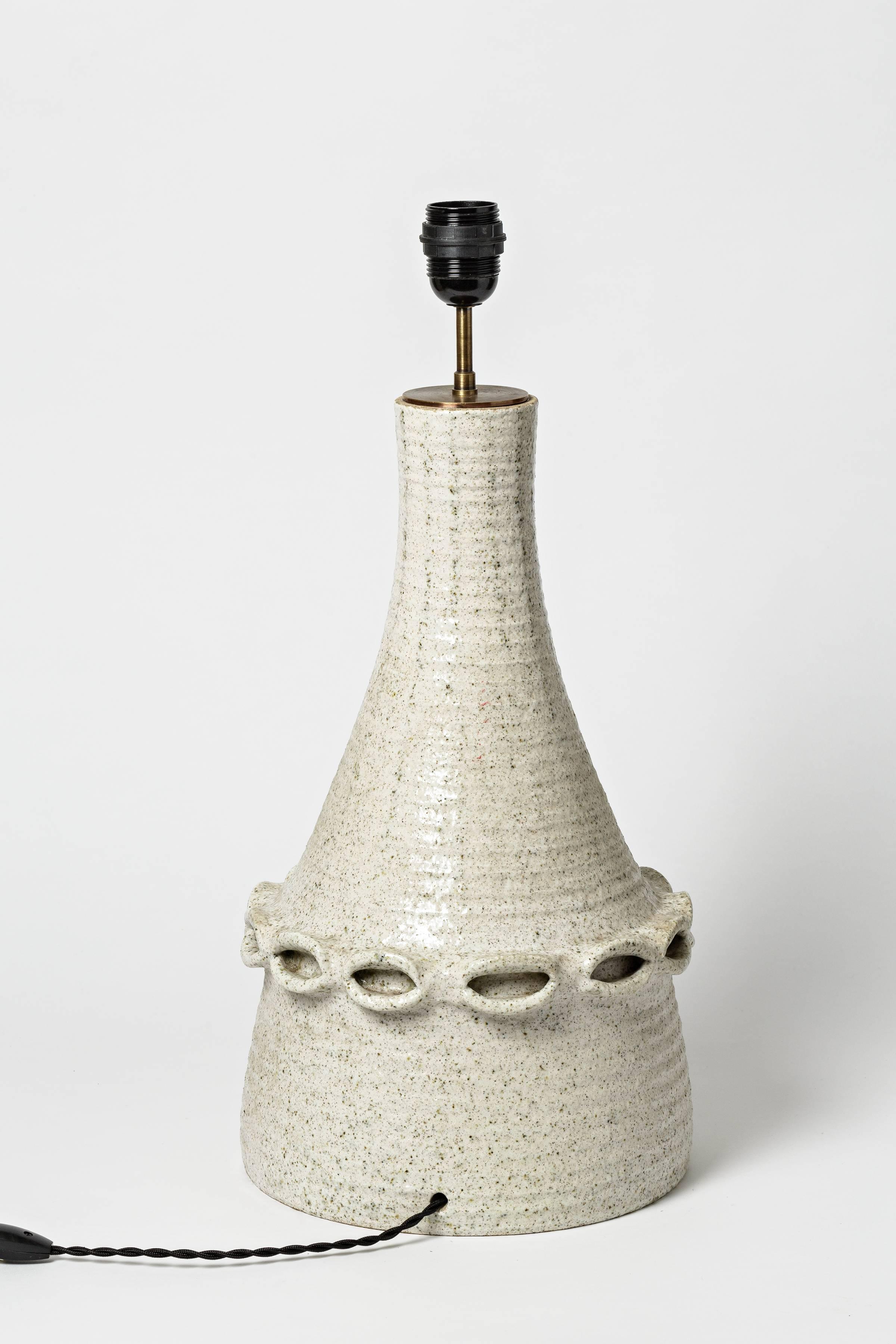 Beaux Arts Ceramic Lamp by Accolay with White Glaze Decoration, circa 1970 For Sale