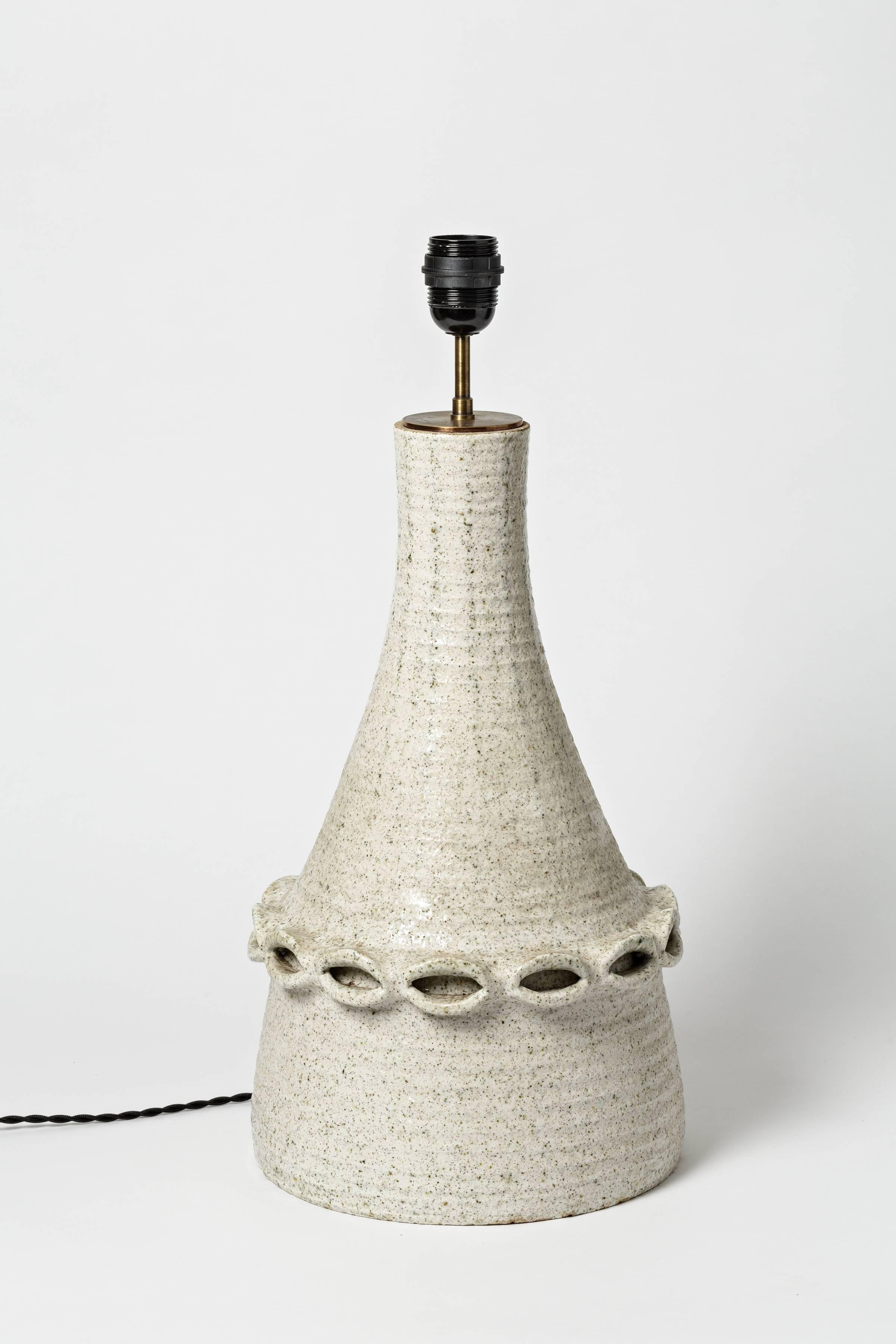 French Ceramic Lamp by Accolay with White Glaze Decoration, circa 1970 For Sale