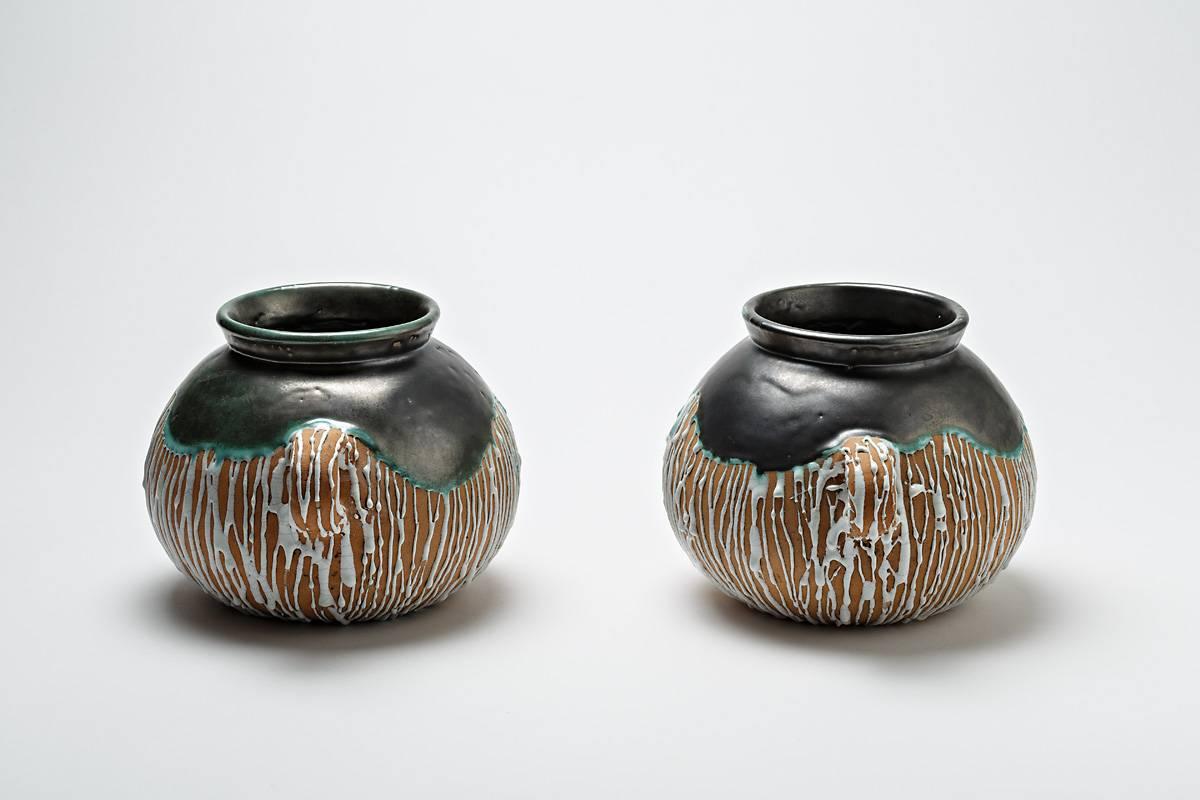 French Rare Pair of Ceramic Vases by CAB for Primavera, circa 1930