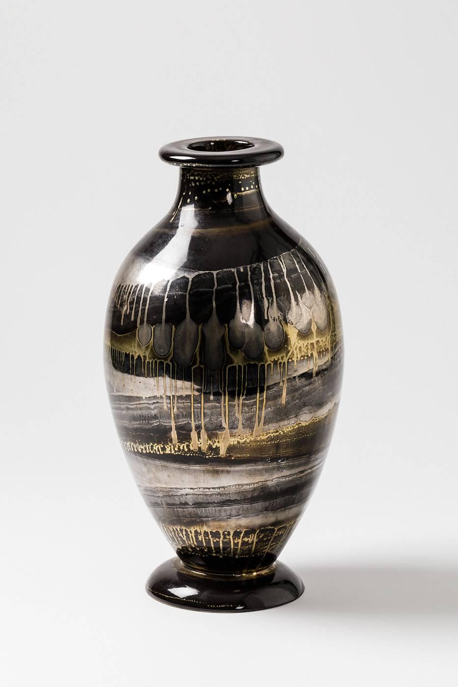 Beaux Arts Ceramic Vase with Black, Gold and Silver Glazes by Lucien Brisdoux, 1970