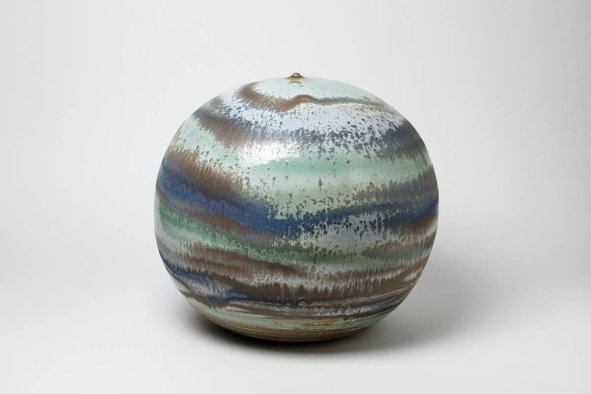 An exceptional ceramic vase- sculpture by Antonio Lampecco with blue, green, brown, white glazes decoration.
Perfect original conditions.
Unique piece,
circa 2000.