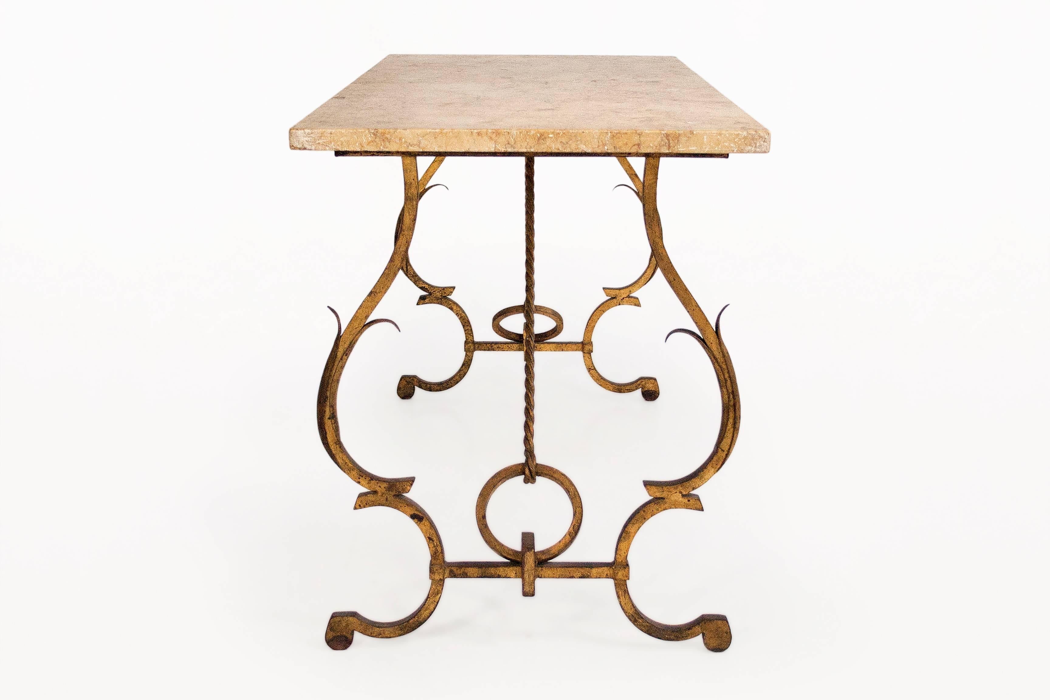 Mid-Century Modern Gilbert Poillerat-Style Gilded Iron and Marble Console, circa 1960, France