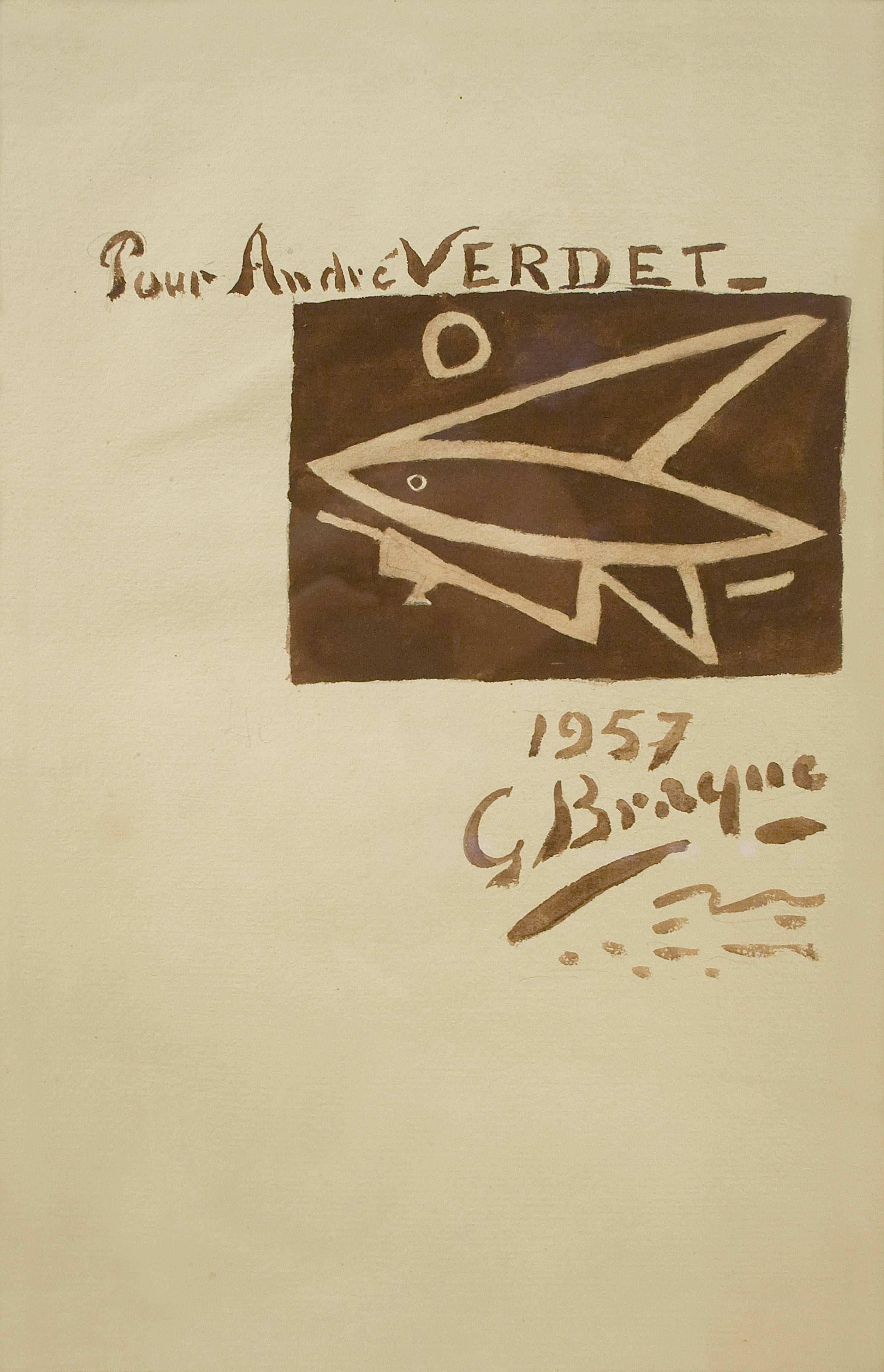 Watercolor by Georges Braque (1882-1963) “Composition au Poisson” 
Provenance: Collection: André Verdet, Nice enchères SARL, catalogue p7, collection André Verdet.
Literature: André Verdet lived in Saint-Paul de Vence from 1918-2004.
His friends